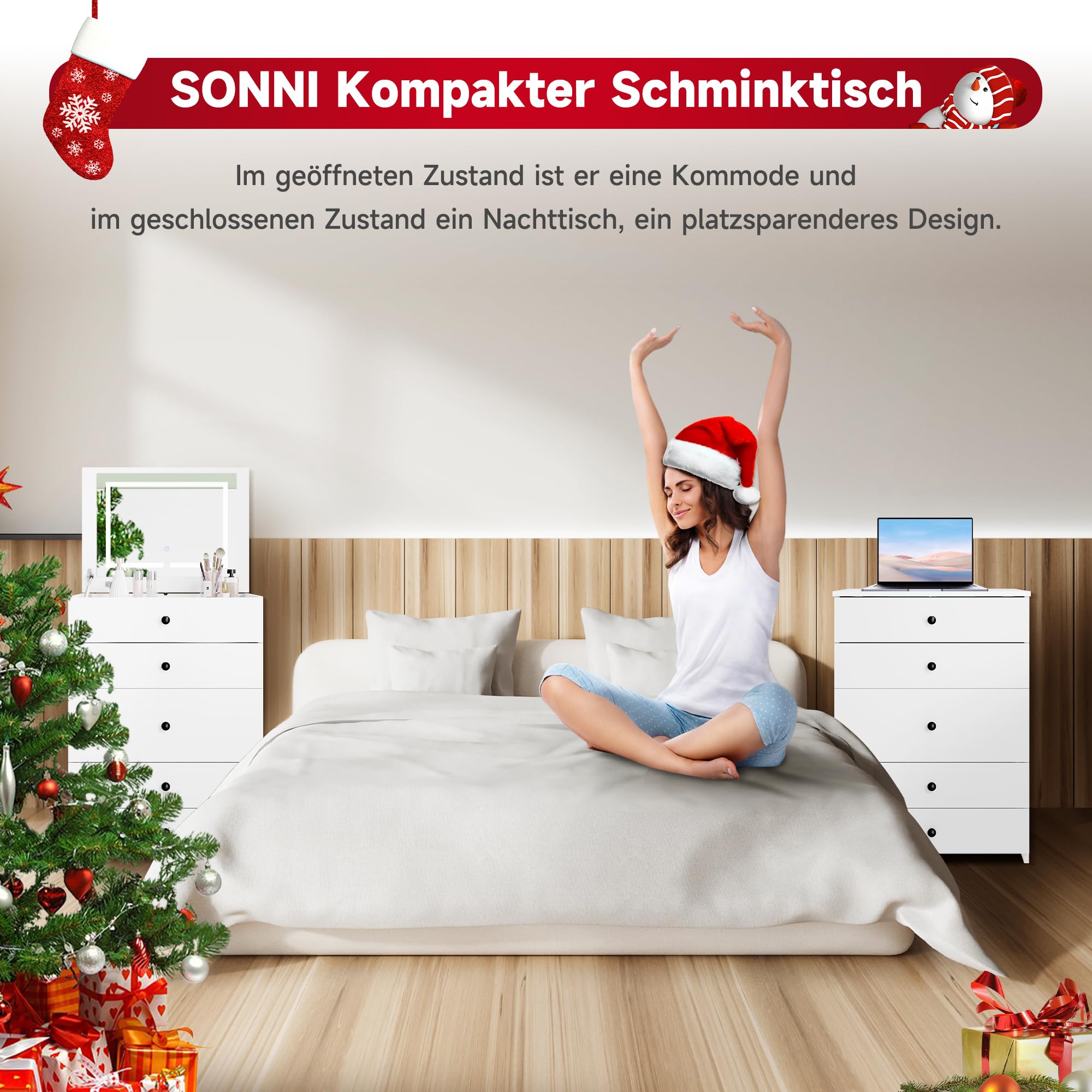 SONNI 3 in 1 Schminktisch mit Klappspiegel, LED, Hocker, Weiß, 60x45x83cm