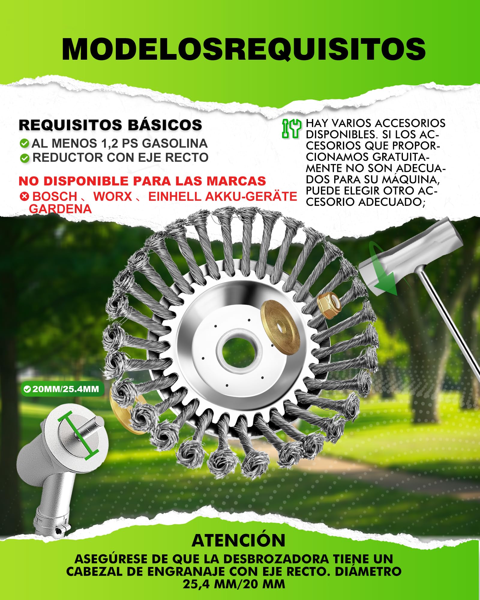 Cepillo para malas hierbas silvestres, 25,4 x 200 mm, alta estabilidad, muy resistente, montaje fácil, 2 unidades