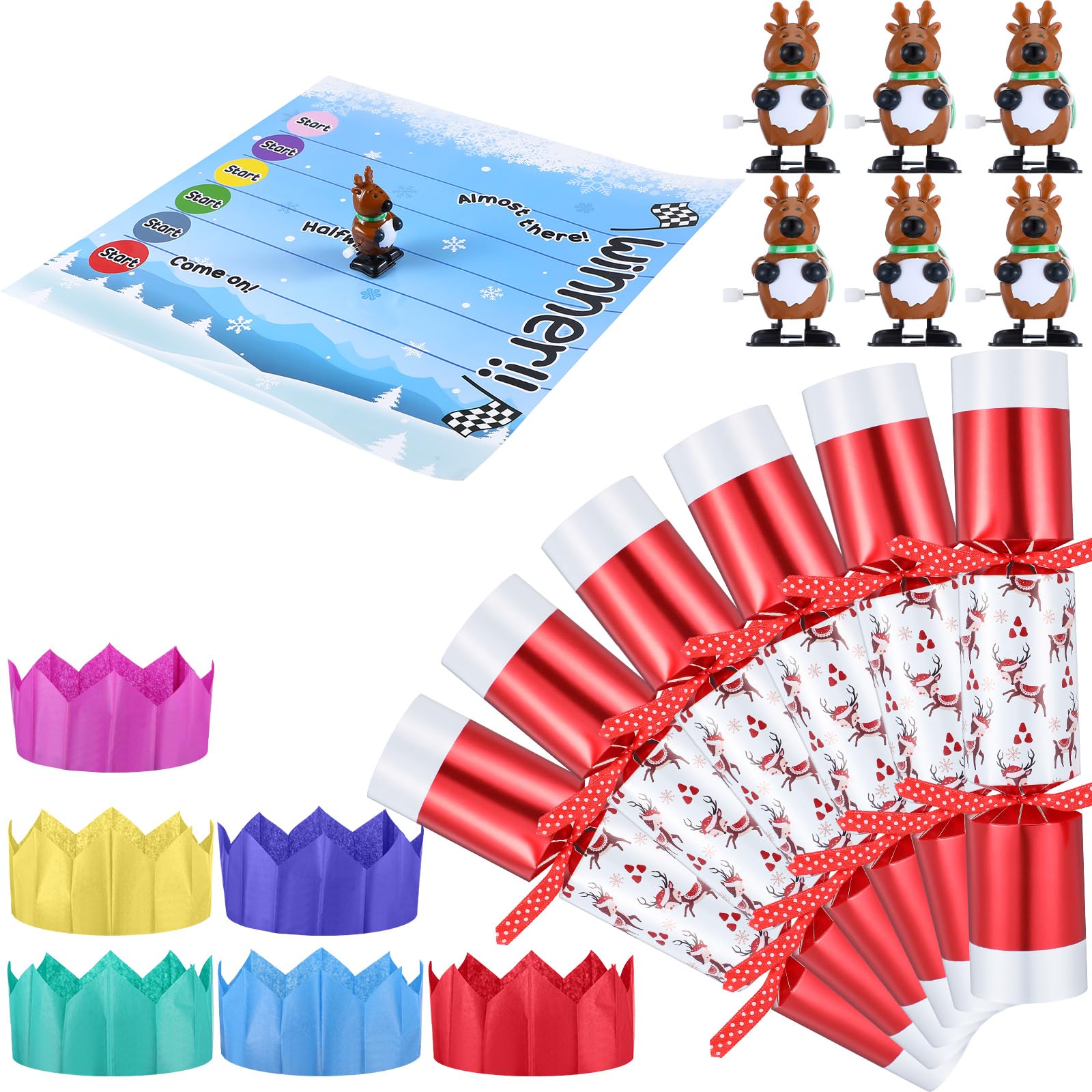 JellyArch 6 Packs Christmas Party Table Favors Christmas No Snap Party Favors Crackers with Wind up Reindeer Paper Hat Holiday Xmas Table Favor