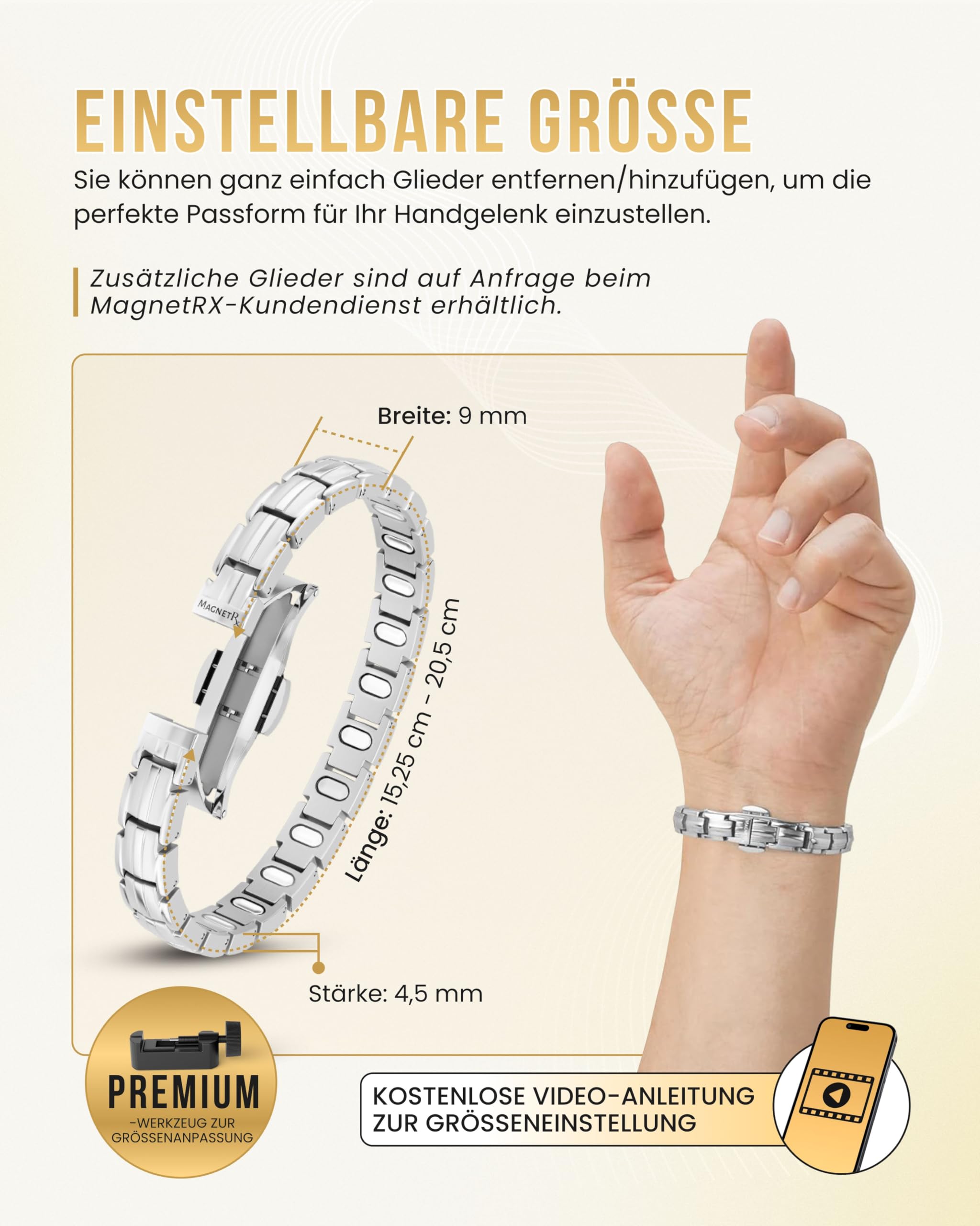 MagnetRX EllipseMAX Magnetarmband Damen 5.000 Gauß Titan Schmuck verstellbar Silber