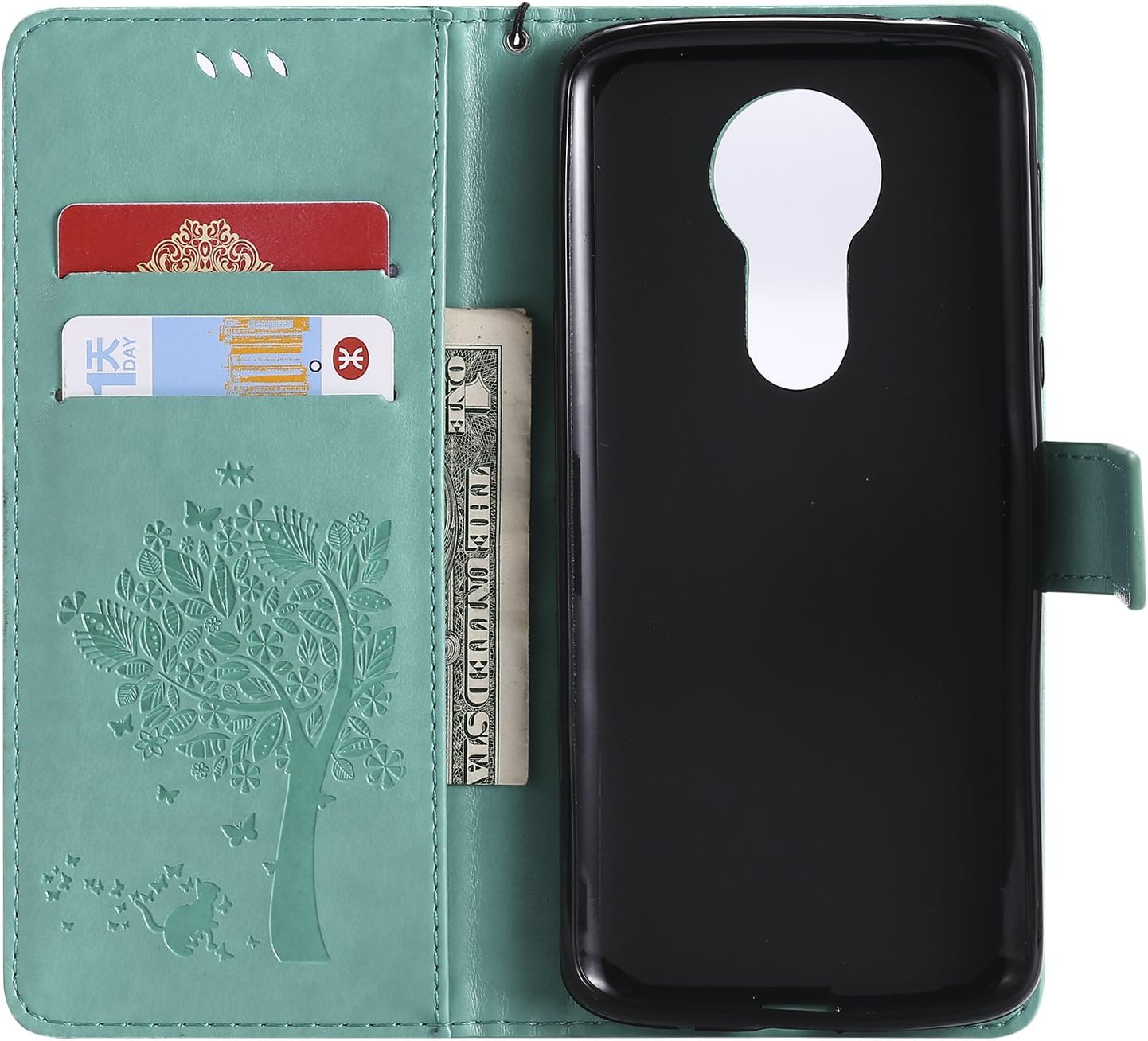 Moto E5 Plus Case, Moto E5 Supra Case, Lacass Cat Tree Pattern PU Leather Flip Wallet Case Cover Kickstand with Card Slots and Wrist Strap for Motorola Moto E5 Plus 2018 - Green