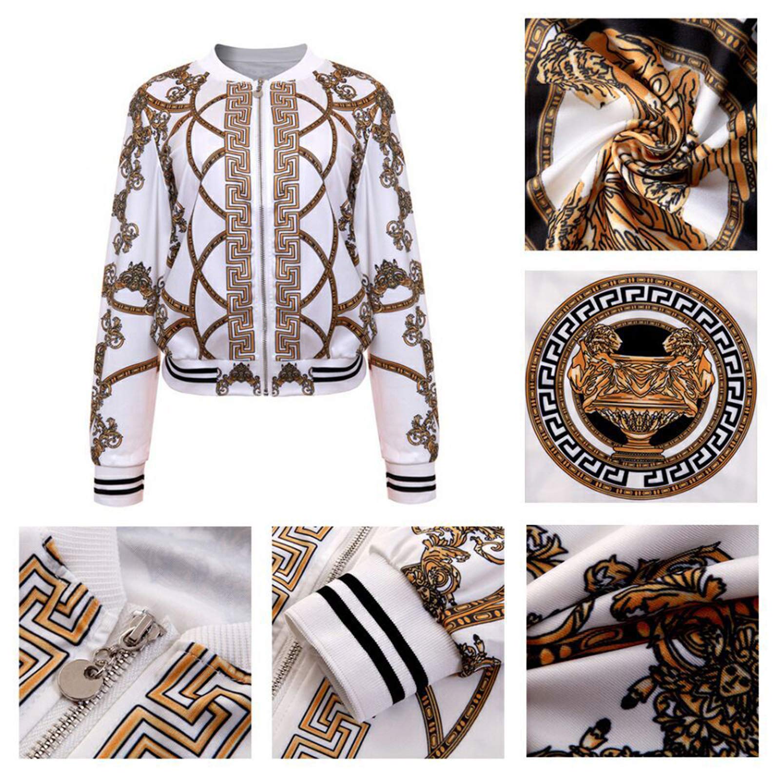 CULAX SHORT BONBERJACKET 美品 Women's Casual Short Vintage Gold Chain Print Floral Bomber