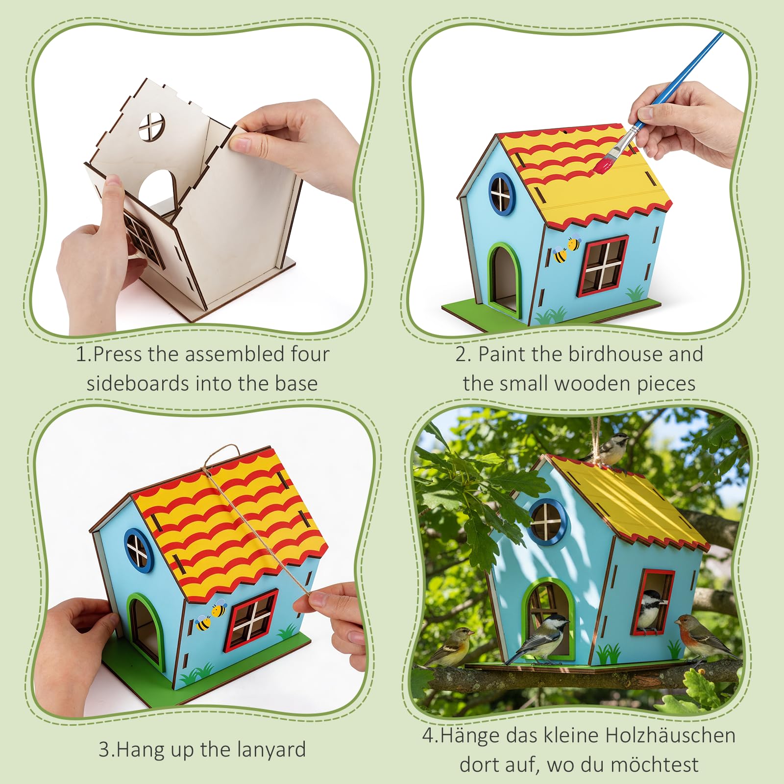 HOLDLEAF Kit casetta per uccelli per bambini, set fai da te in legno da 4 pezzi, da costruire e dipingere, kit fai da te per bambine, bambini e neonati