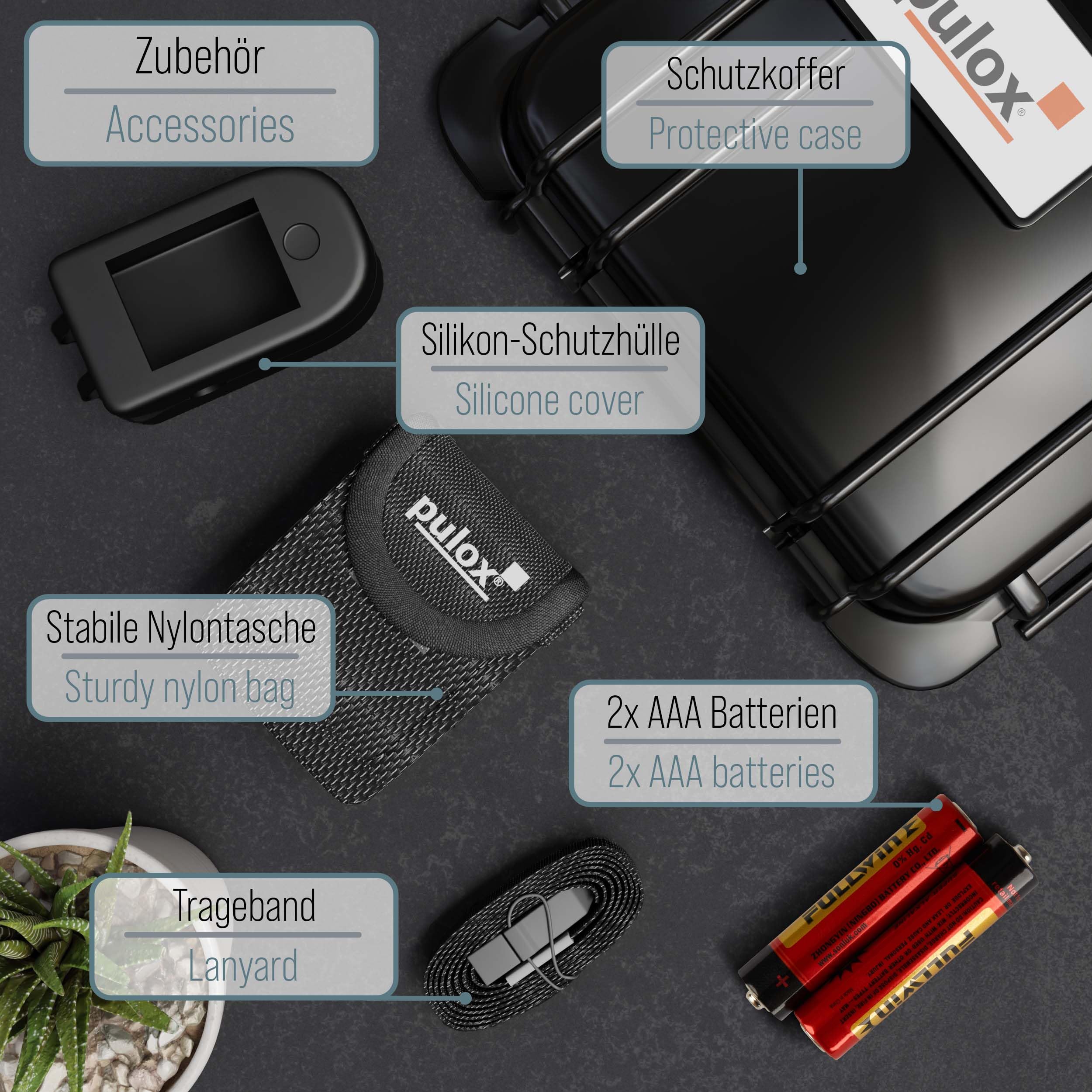 Pulox PO-200A Pulsoximeter Schwarz mit Alarm für SpO2, Puls & PI | Mit Pulston, Warnfunktion und Zubehör-Set zur Kontrolle von Sauerstoffsättigung, Herzfrequenz und Perfusionsindex