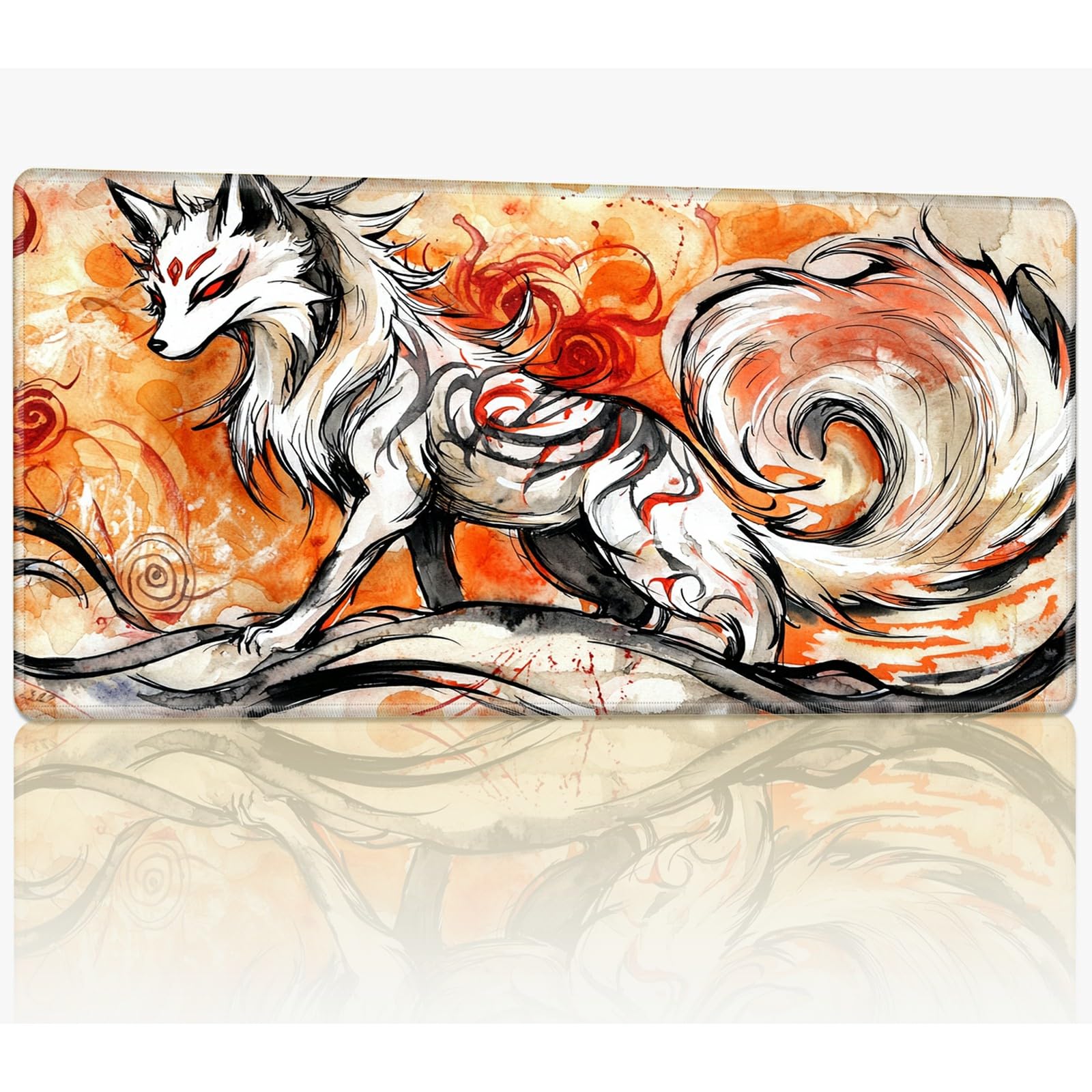 Playmat for MTG, TCG Card Playmat with Stitched Edges, 24 x 14 inches Commander Board Battle Game Mats Smooth Rubber Surface Mousepad Desk Mat, Mythical Fox — image 1