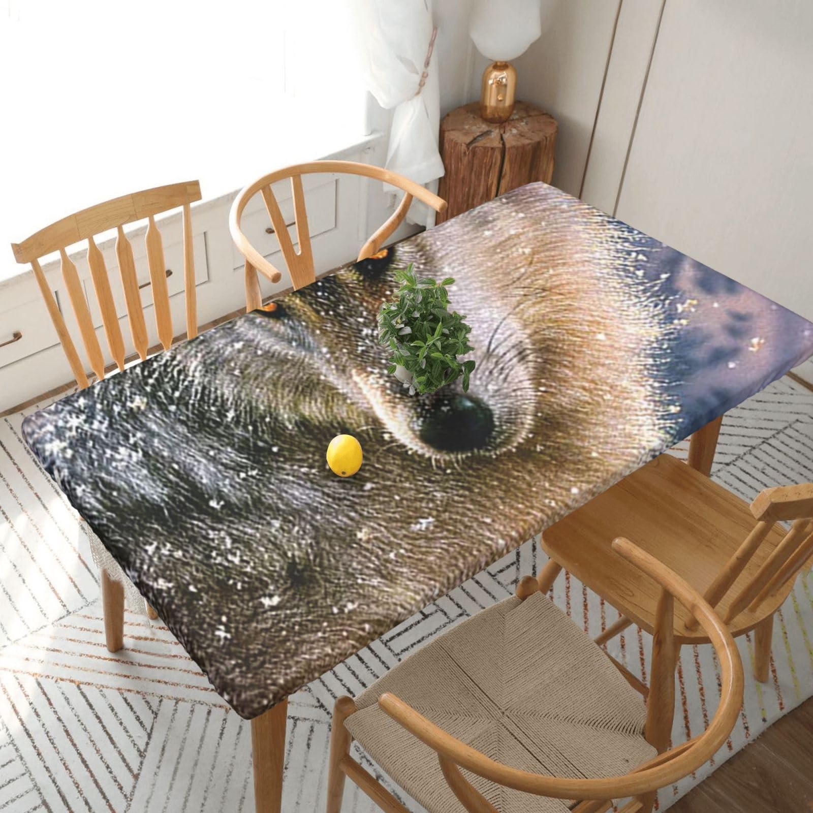 DCEHGEW Elastic Fitted Rectangle Tablecloth for 5ft Tables, trendy wolf Printed Oilproof & Washable Fabric Picnic Table Cloth Table Covers