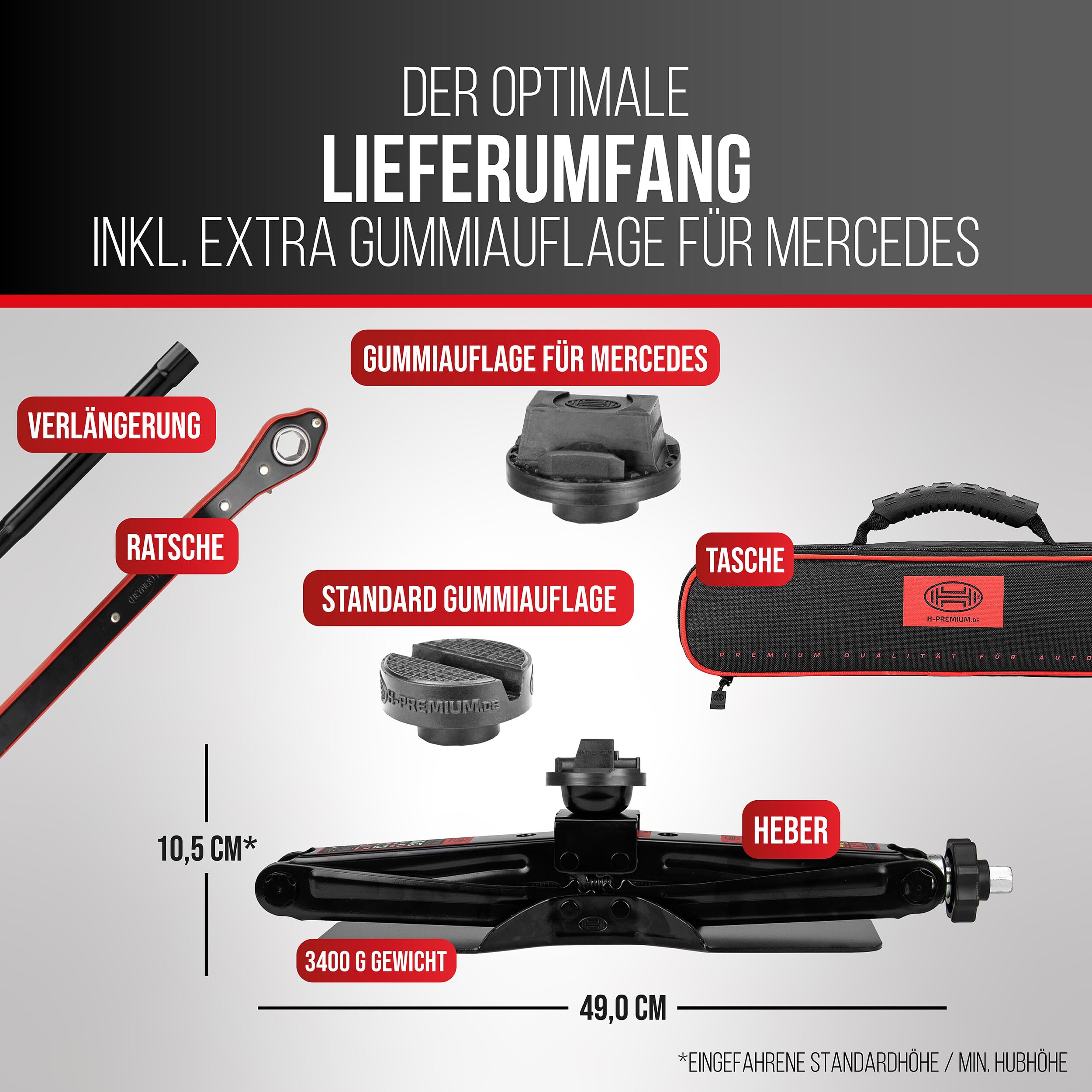 HEYNER® Podnośnik nożycowy ] do Mercedes E-Class W214 (2023-) - okrągłe siodełko, wymienna gumowa podpora 360°, ], grzechotka 17 mm i pokrętło, podstawa 30×8 cm, do