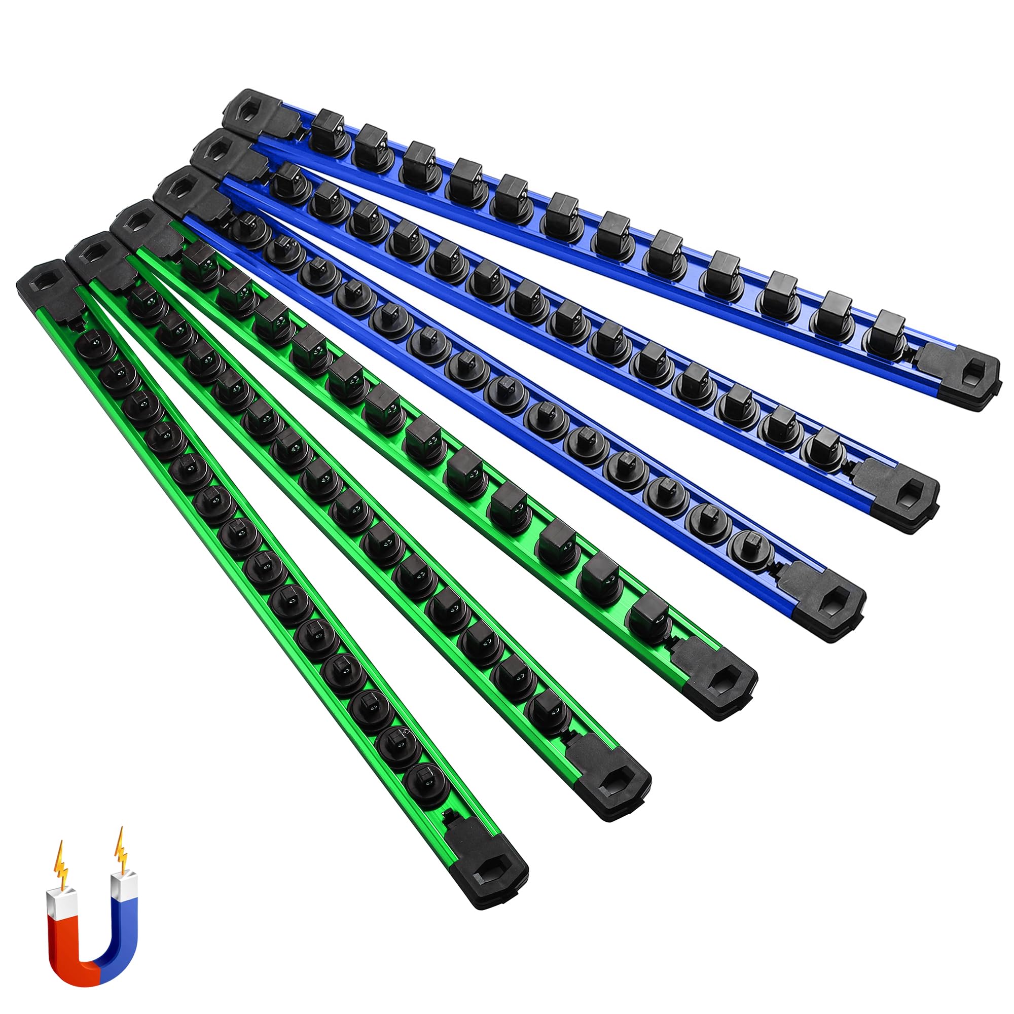 ALOANES 6-Piece Magnetic Socket Organizer, Heavy Duty Aluminum Socket Rails Organizer, 360° Swivel Clips Socket Holder Kit for Tool Box, 1/2, 3/8, 1/4-Inch Socket Holder x 80 Clips (Green&amp;Blue)