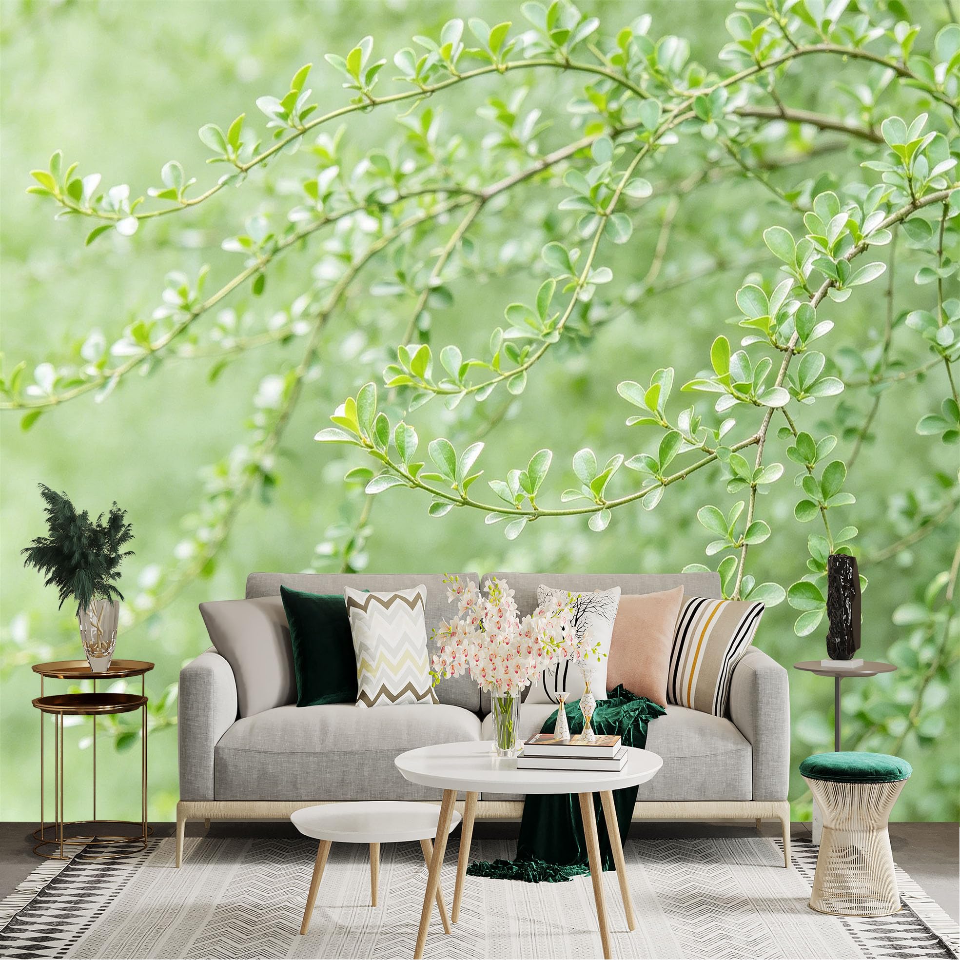 Lnzczhyre Dbh260521197 Custom Size Wall Sticker Mural， Fresh Green Leaves， Natural Botanical Branches， Minimalist Forest Theme， For Wall Decoration， Peelandstick Wall Decals.