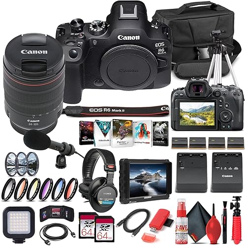 Canon EOS R6 Mark II Mirrorless Camera with 24-105mm f/4 Lens (5666C011) + 4K Monitor + Pro Headphones + Pro Mic + 2 x 64GB Card + Case + Corel Software + Tripod + More (INTL. Model) (Renewed)