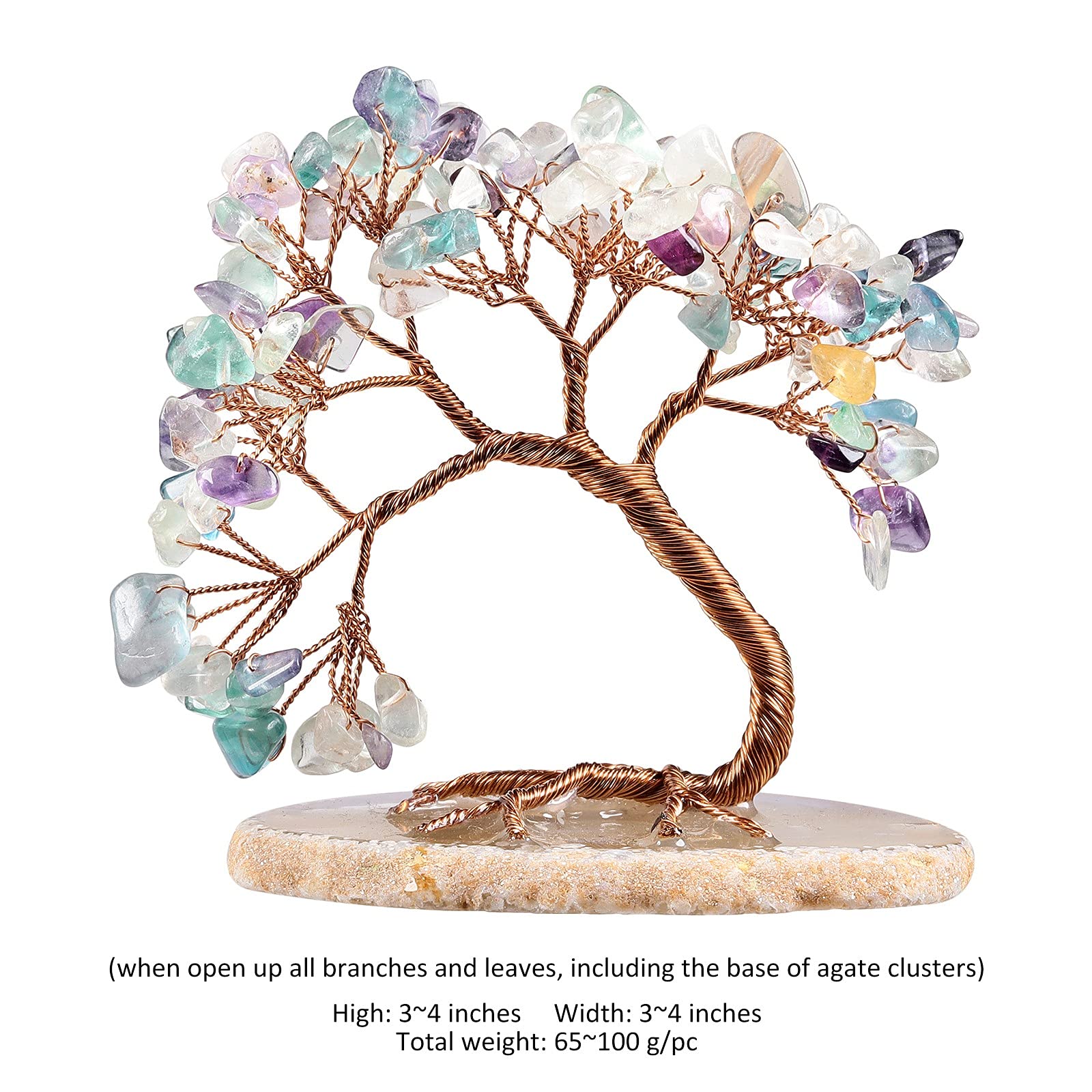 SUNYIK Healing Fluorite Money Tree, Handmade Fengshui Crystal Bonsai Tree with Agate Slice Base for Wealth Luck, Office Desk Decor, Spiritual Gift, 3-4 inches