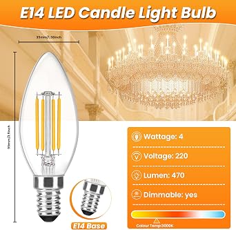 Morotty Dimmable E14 LED Candle Light Bulbs 4W, Warm White 3000K, Pack of 6 | Equivalent 40W, 470lm, C35 Small Screw E14 Light Bulbs [Energy Class E]