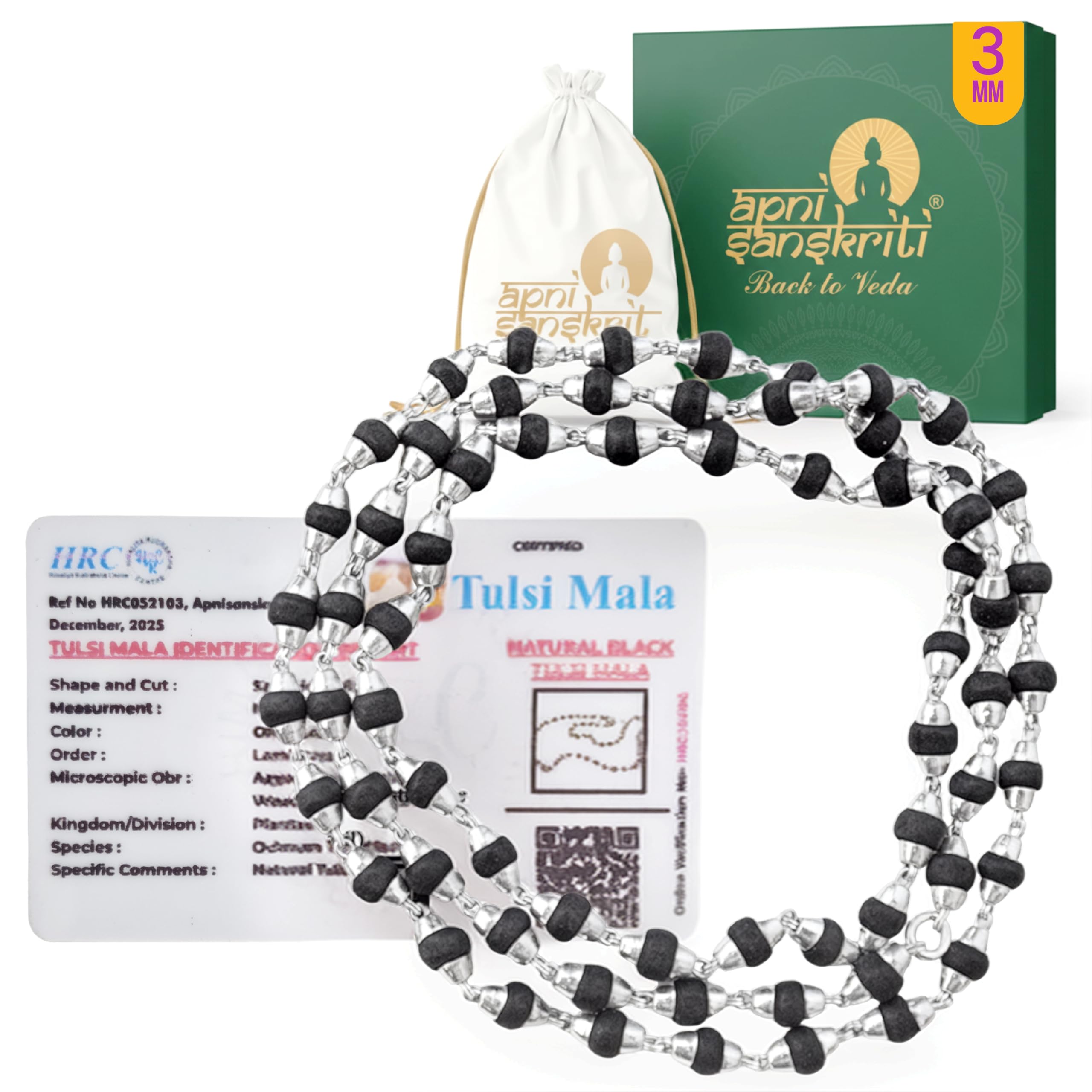 Apnisanskriti Black Tulsi Mala in Silver Designer Caps (3 mm, 55 Beads, Certified) - Natural Black Tulsi Beads - Pure Silver - Pack of 1-image-39