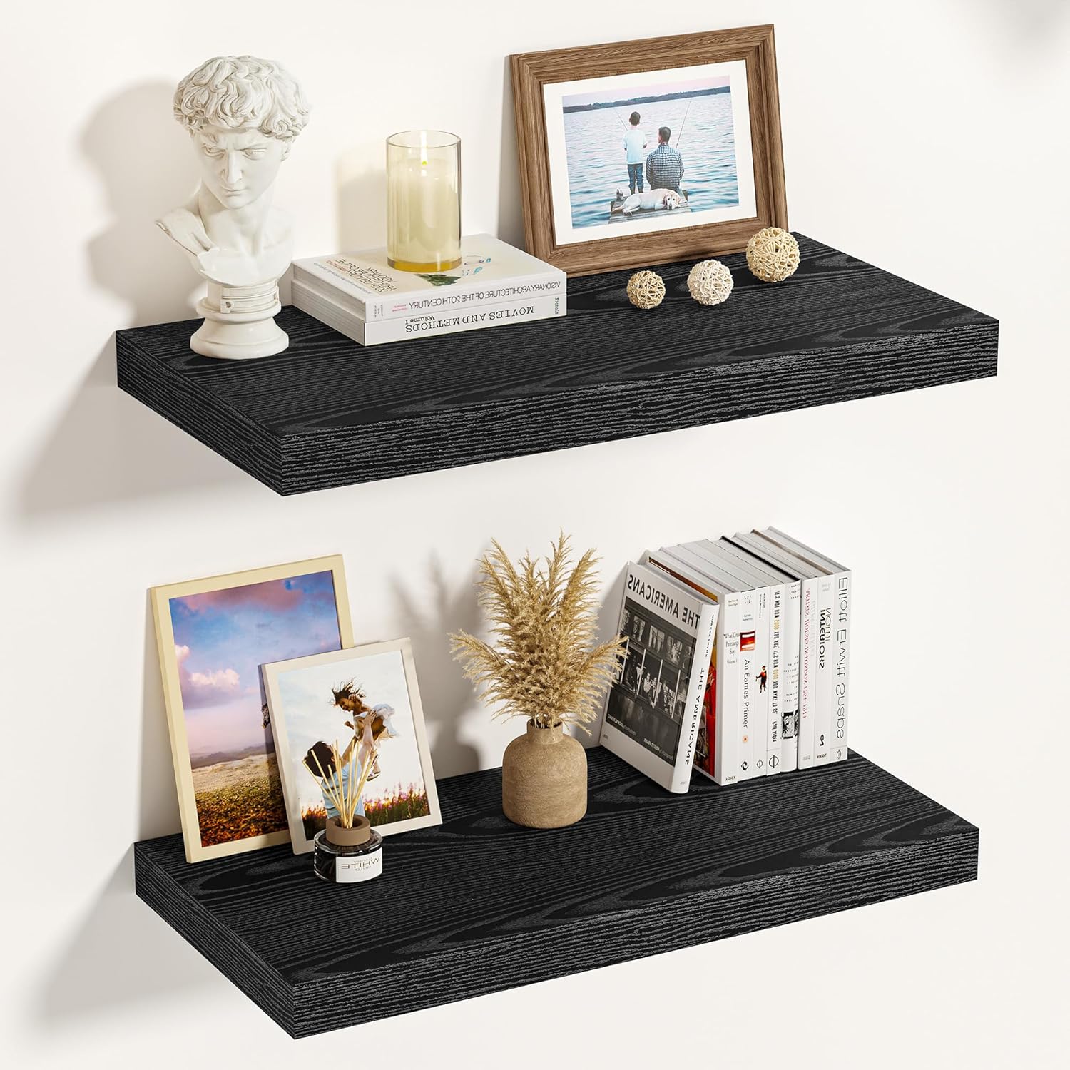 Vivelove Black Floating Shelves 16 Inches Wide, 12" Deep Wall Shelves for Bedroom, Bathroom, Living Room, Kitchen, Office, Rustic Home Decor Shelf with Invisible Brackets, 15.7X12X1.5, Set of 2