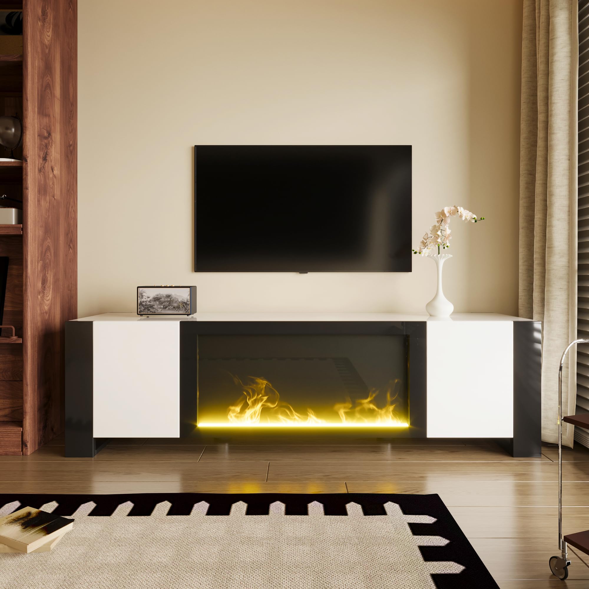 Homgoday Soporte para TV con Chimenea Eléctrica Decorativa, Mueble para TV de 2 Puertas con Estantes, Diseño Moderno Blanco de Alto Brillo con Patas Negras, para Salón y Entretenimiento