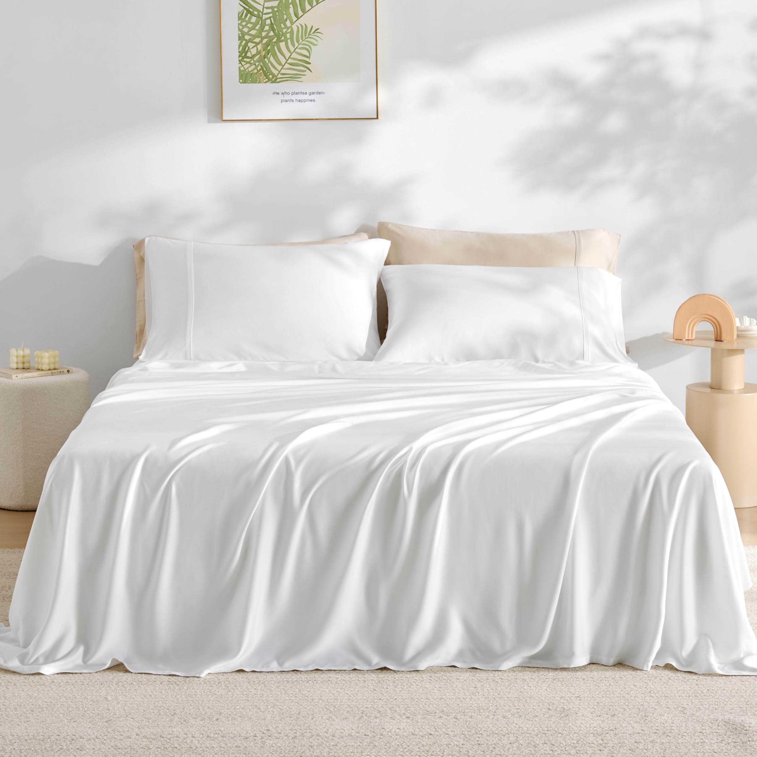 Bamboo Sheets King by Gökotta, FSC® Certified Bamboo Rayon Sheets King Size, 16 Inch Pocket Fitted Sheet with Elastic Corner Straps, Breathable Luxury and Soft King Sheets 4 Piece (Cream White, King) — view 32