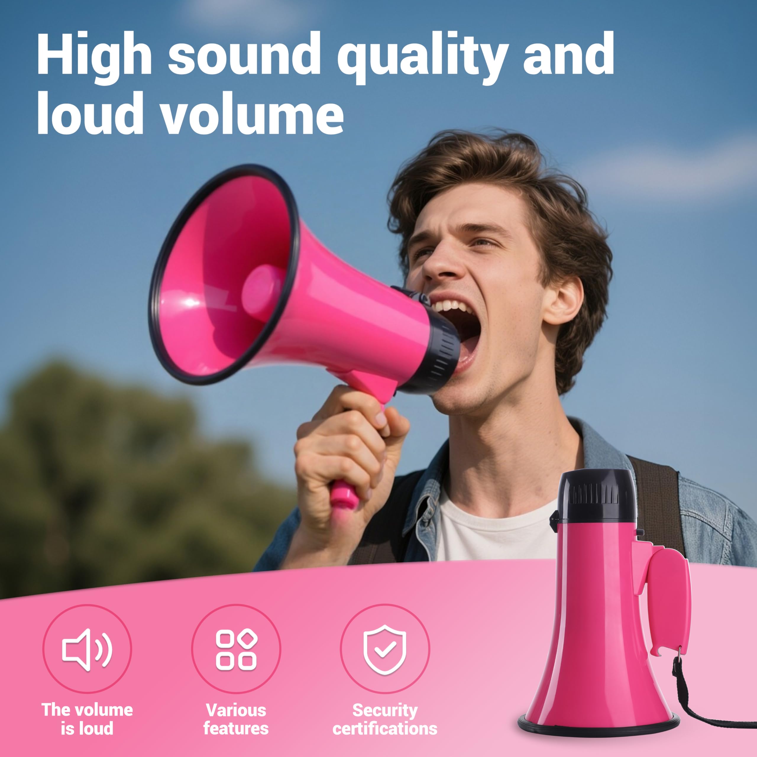 Mégaphone avec haut-parleur microphone sirène et 240 secondes Bullhorn d'enregistrement comprend un contrôle du volume pour les événements en plein air et la gestion de la foule