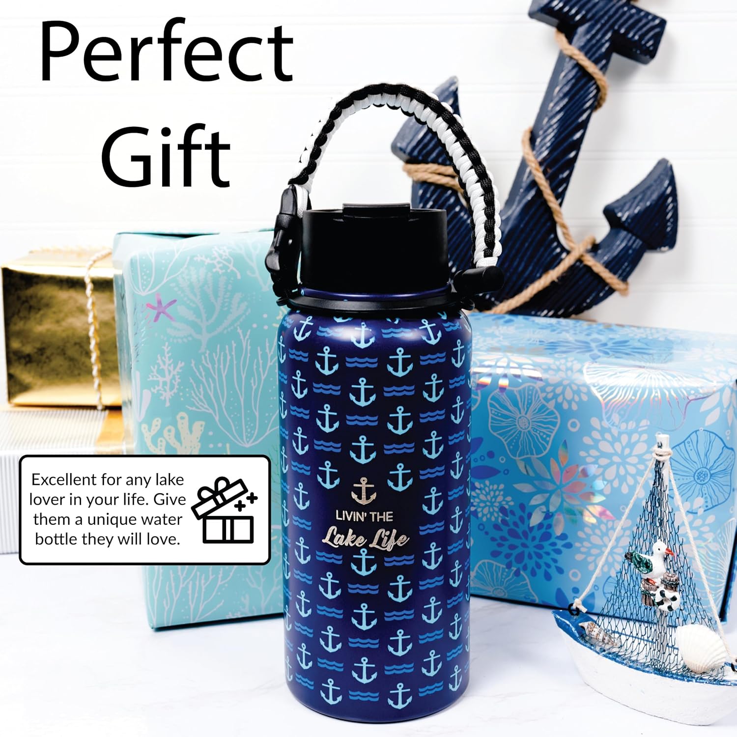 Pavilion Gift Company - Livin' The Lake Life - 32 oz Stainless Steel Travel On The Go Water Bottle Coffee Thermal With Survival Rope Handle - Cottage Lake Lover Gift Present - 12 Hrs Cold & 6 Hrs Hot