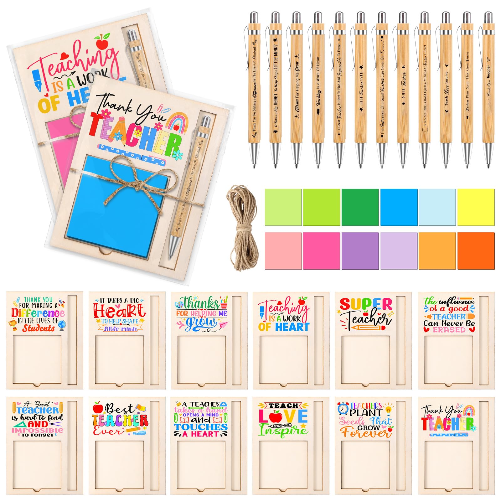 96 foglietti adesivi per insegnanti, con penne a sfera e supporto in legno, organizer per note adesive di apprezzamento, regali di ringraziamento per insegnanti, colleghi, infermieri, forniture per