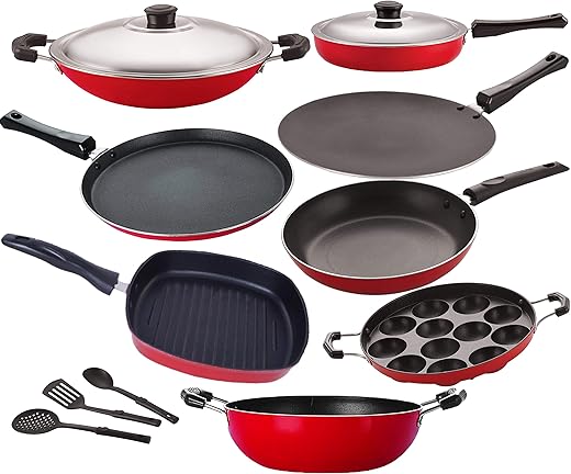 Nirlon Kitchenware Pots and Pan 3 Layer Superior Coating Combo Set of11 Pieces (FT12_CT12_FP12_KD14_AP12_AC_TP22_GP24_3spoon)