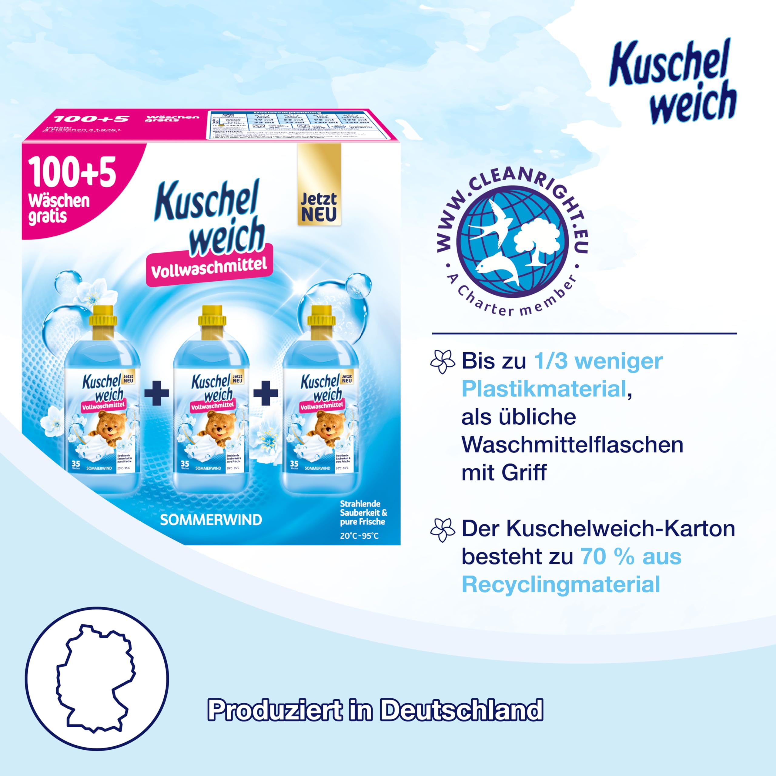 Kuschelweich Detergente completo de viento de verano (XXL: 105 WL) – Detergente líquido para 100 + 5 lavados – Detergente líquido (3 botellas) para ropa blanca