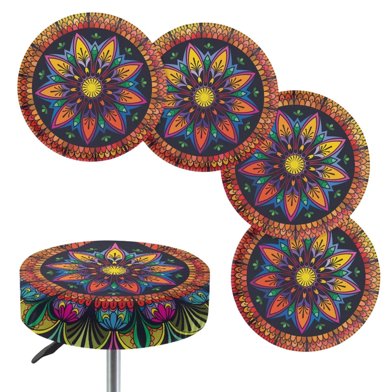 Hockerbezüge, rund, buntes Mandala-Blumenmuster, dehnbar, staubdicht, rauer Barhocker, Stuhlhussen mit elastischem Rand, einfach zu installieren (groß, 4 Stück)