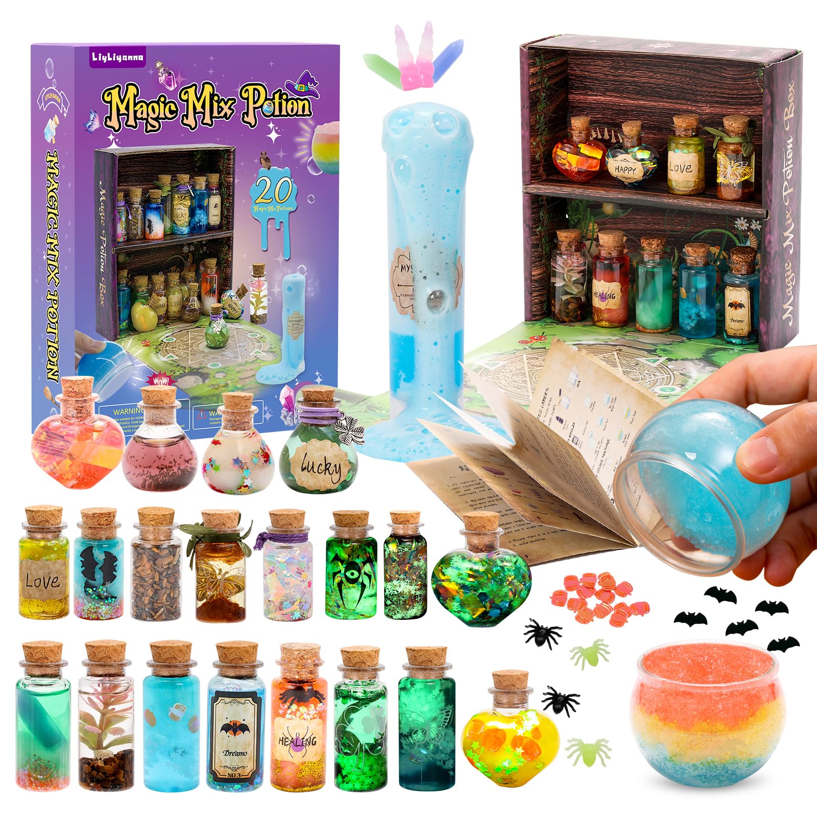 LiyLiyanna Magic Mix Potion Making Kit Children,20 Magic Wizard Potion Bottles,Halloween Craft Kits for Kids,Halloween Decor Birthday Gifts for Boys & Girls Age 6 7 8 9 10+