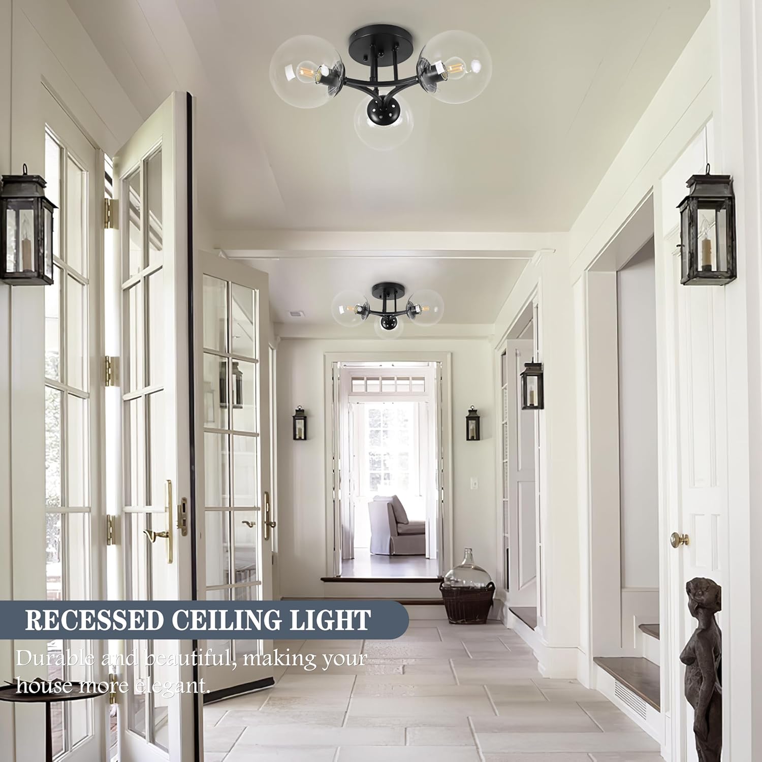 Bagood Mid Century Modern Ceiling Light Clear Globe Semi Flush Mount Ceiling Light Black Sputnik Light Fixture Chandeliers Clear Glass Matte Black Chandeliers Living Room Dining Room Bedroom 3 Lights