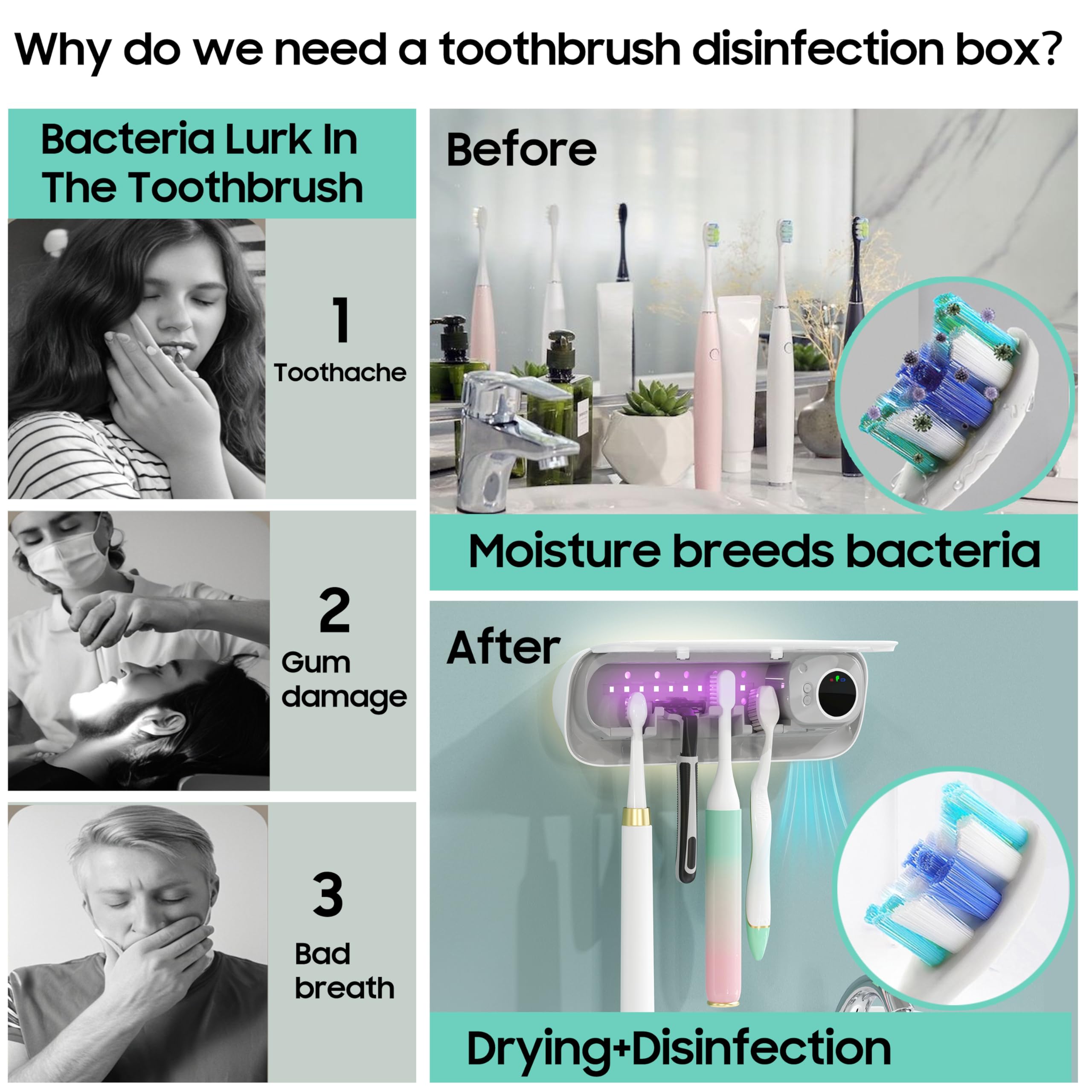 BlueBark Soporte de cepillo de dientes UV para baños, soporte de secado al aire, accesorios de baño para el hogar inteligente, función de temporizador y 5 ranuras para cepillos de dientes, soporte