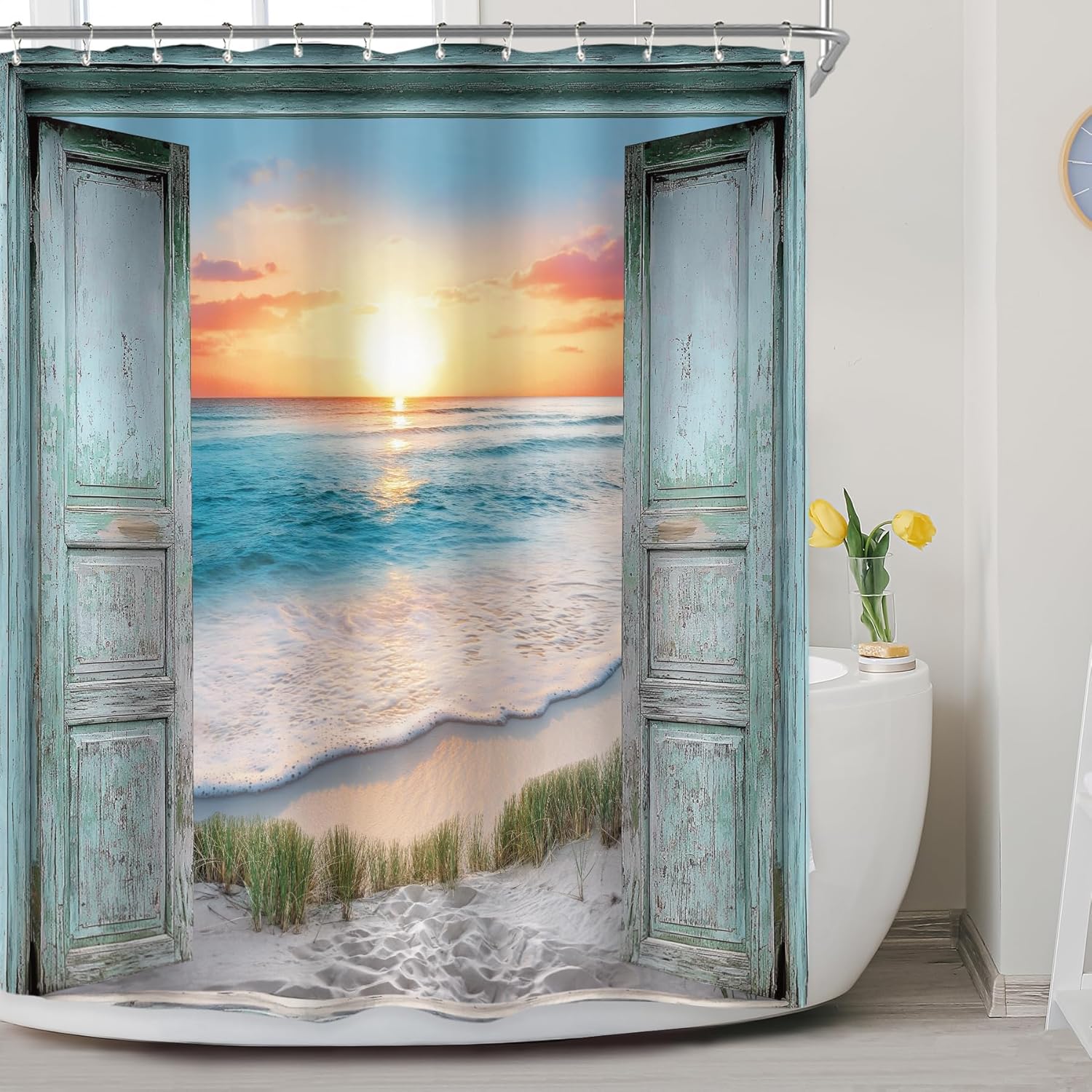 Riyidecor Extra Long Shower Curtain for Bathroom Decor 72Wx84H Ocean Beach Teal Barn Door Hawaiian Sunset Scenery Sea Wave Rustic Wooden Art Printed Fabric Polyester Waterproof 12 Pack Plastic Hooks