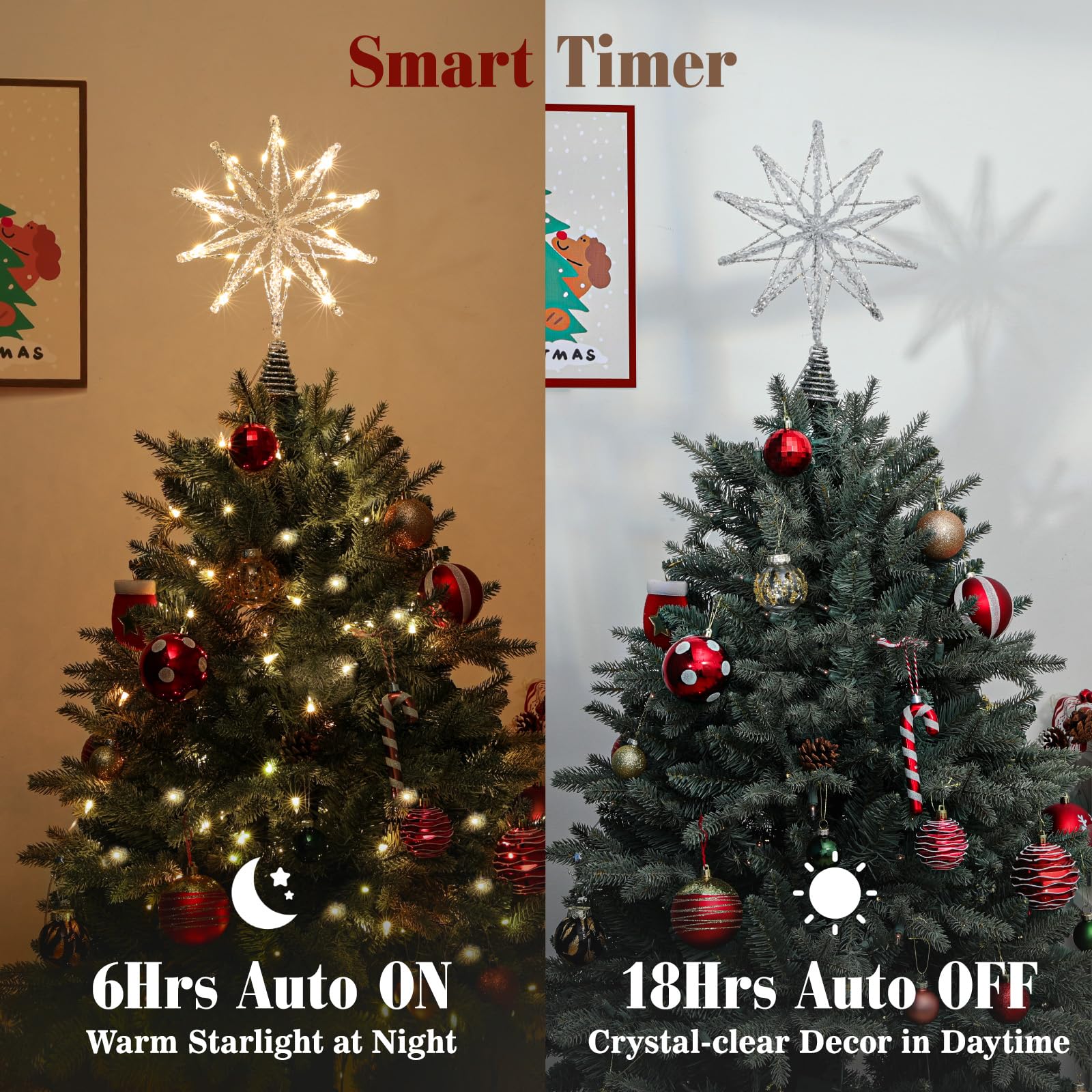 Lewondr Stella Cima Per Albero Di Natale 20 LED, 13.8 Pollice Stella A 10 Punte In Resina Lucente, Cima Alimentata A USB E Telecomando Per Decorazione Albero Di Natale, Timer 6H & 8 Modalità, Argento