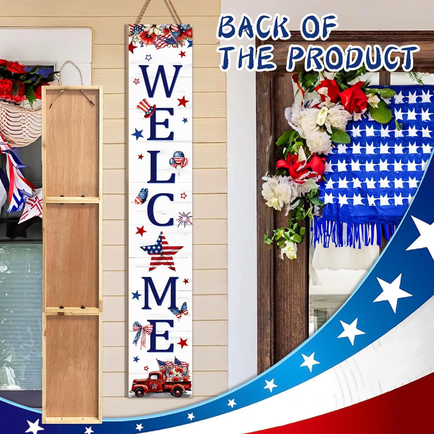 4th of July Patriotic Welcome Sign, American Flag Truck Wooden Porch Sign For Patio, 47" USA Flag Front Door Signs All Seasons Decor Standing Yard Signs Holiday Vertical Signs for Outdoor Indoor Wall Garden