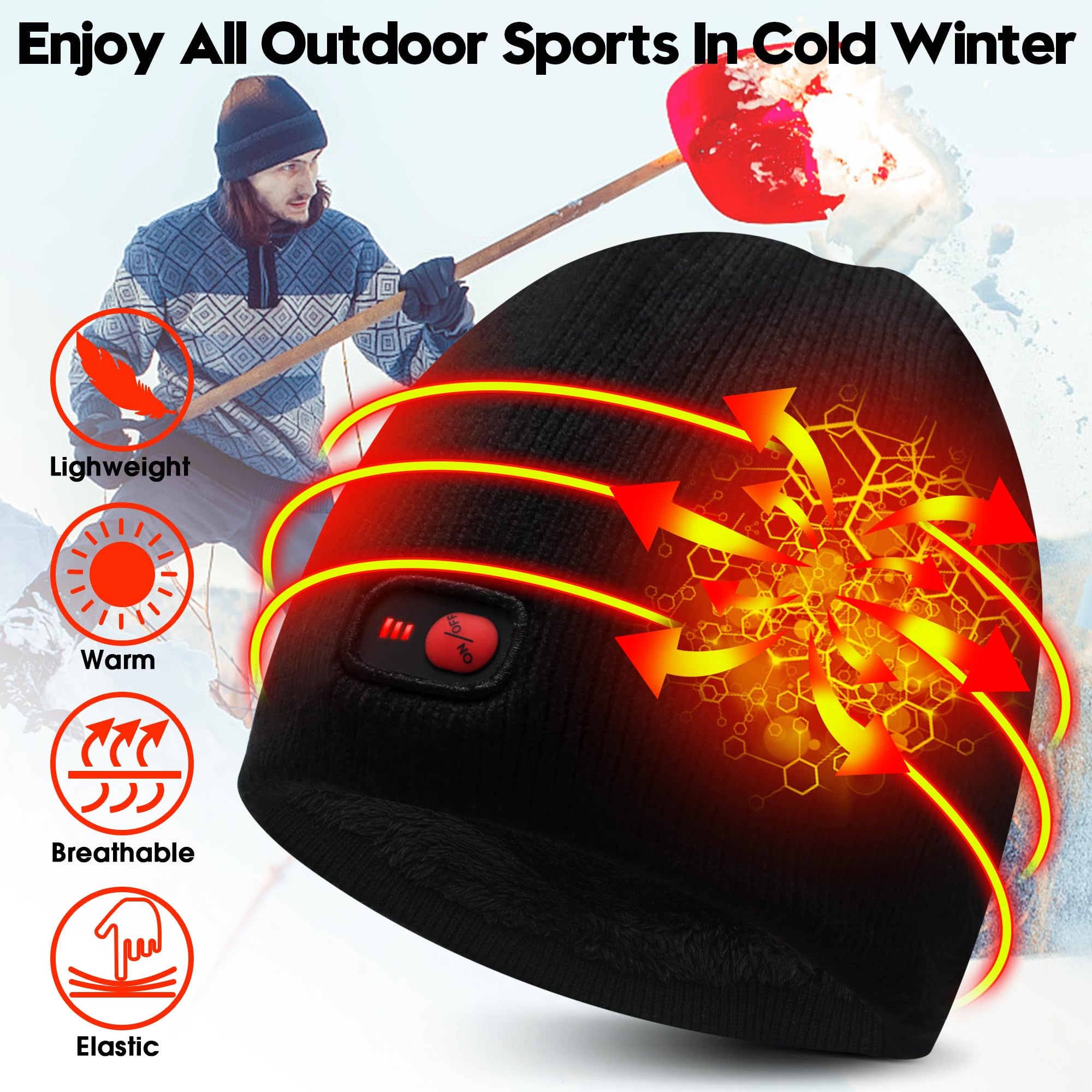 Rabbitroom Gorro térmico para hombres y mujeres, gorro de punto con batería recargable para invierno, calentadores de orejas, gorro de punto para pesca, esquí, motociclismo (negro), Negro -, 5-6