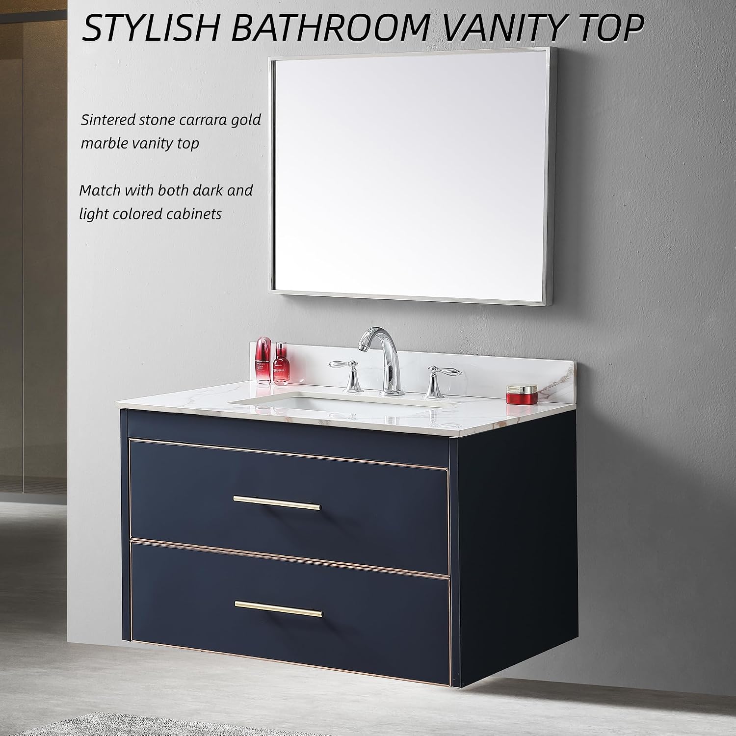 Montary 37"x 22" Bathroom Vanity Top with Undermounted Large Ceramic Sink & Backsplash, Sintered Stone Artificial Marble Vanity Sink Tops with 3 Pre-Drilled Hole, Carrara Gold