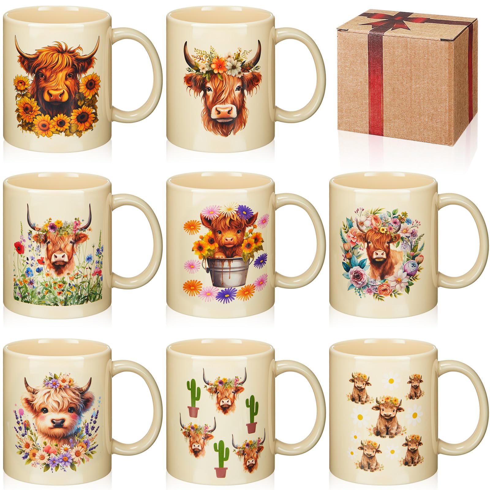 Amazon.com: Maxdot 8 Pieces 12 oz Highland Cow Coffee Mugs Gifts Set with  Handle Ceramic Matching Western Flowers Cups Bulk for Women Farm Employees  Home Office Table Centerpieces Holiday Party : Home
