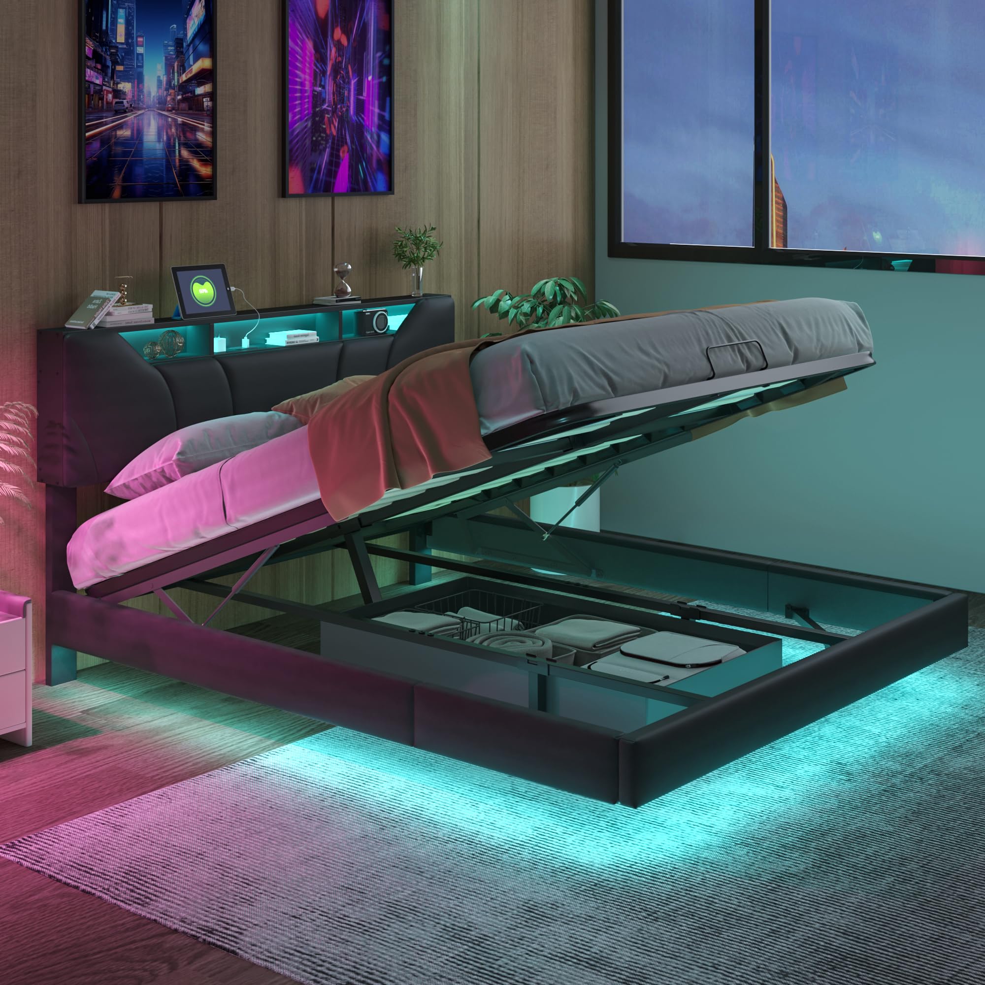 KeepGoon Letto imbottito 160 x 200 cm, comodino con illuminazione a LED, presa USB, barra di pressione dell'aria, letto matrimoniale con cassetta, letto sospeso, materiale PU, testiera con vano