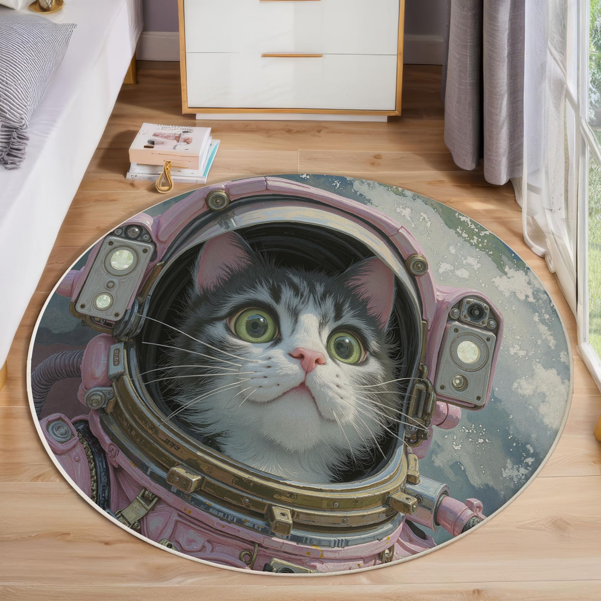 Tapis rond chat antidérapant lavable pour en finir avec les glissades au salon
