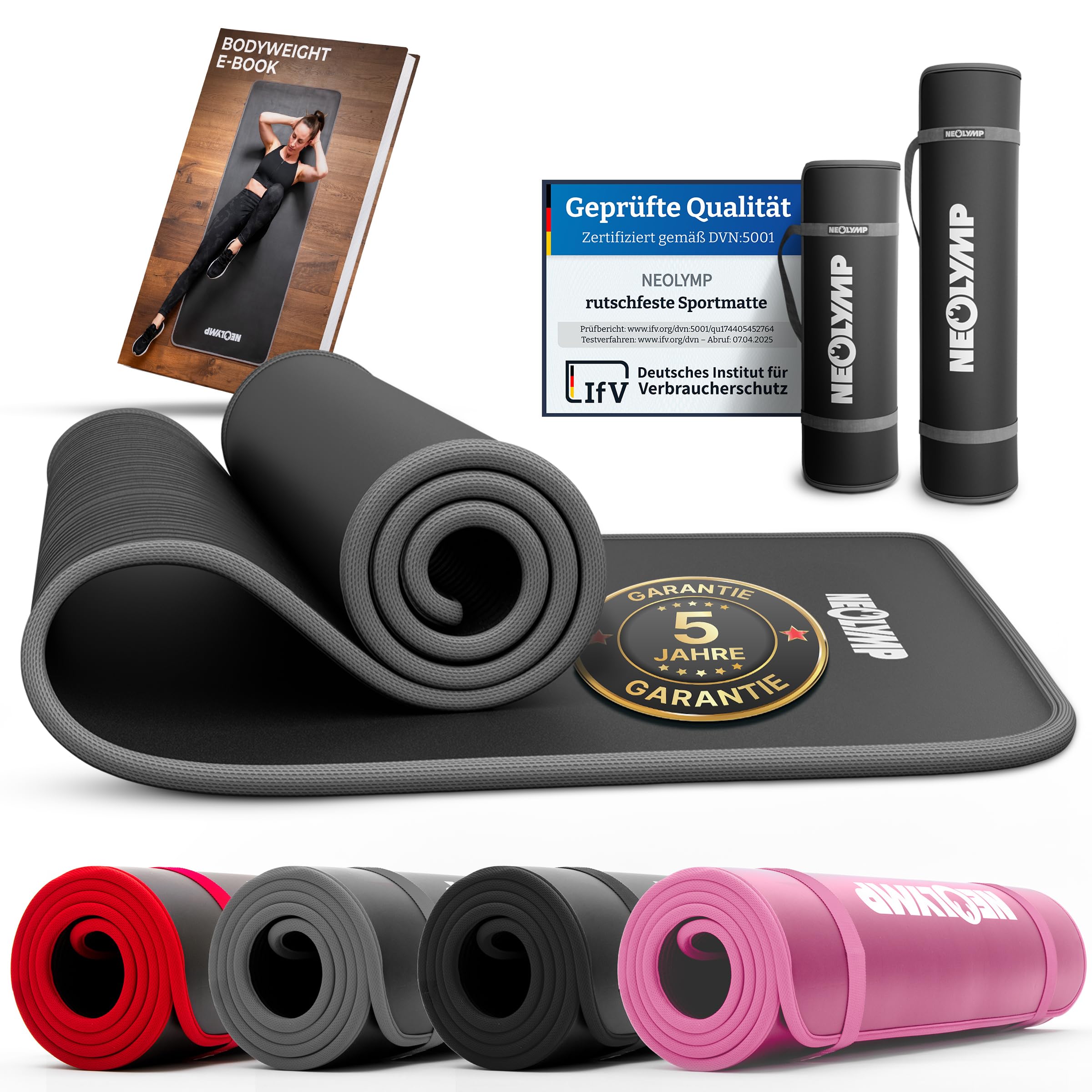 NEOLYMP Fitnessmatte – extra dicke, rutschfeste Gymnastikmatte mit E-Book und Tragegurt (Grau)