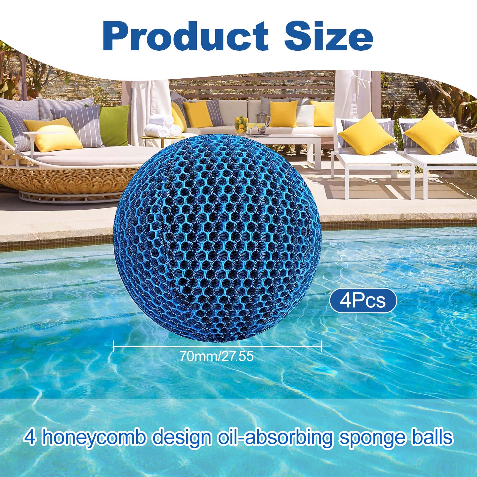 Absorbeur d'huile pour Piscine 4 pièces, Boules éponge réutilisables 70 mm Bleues