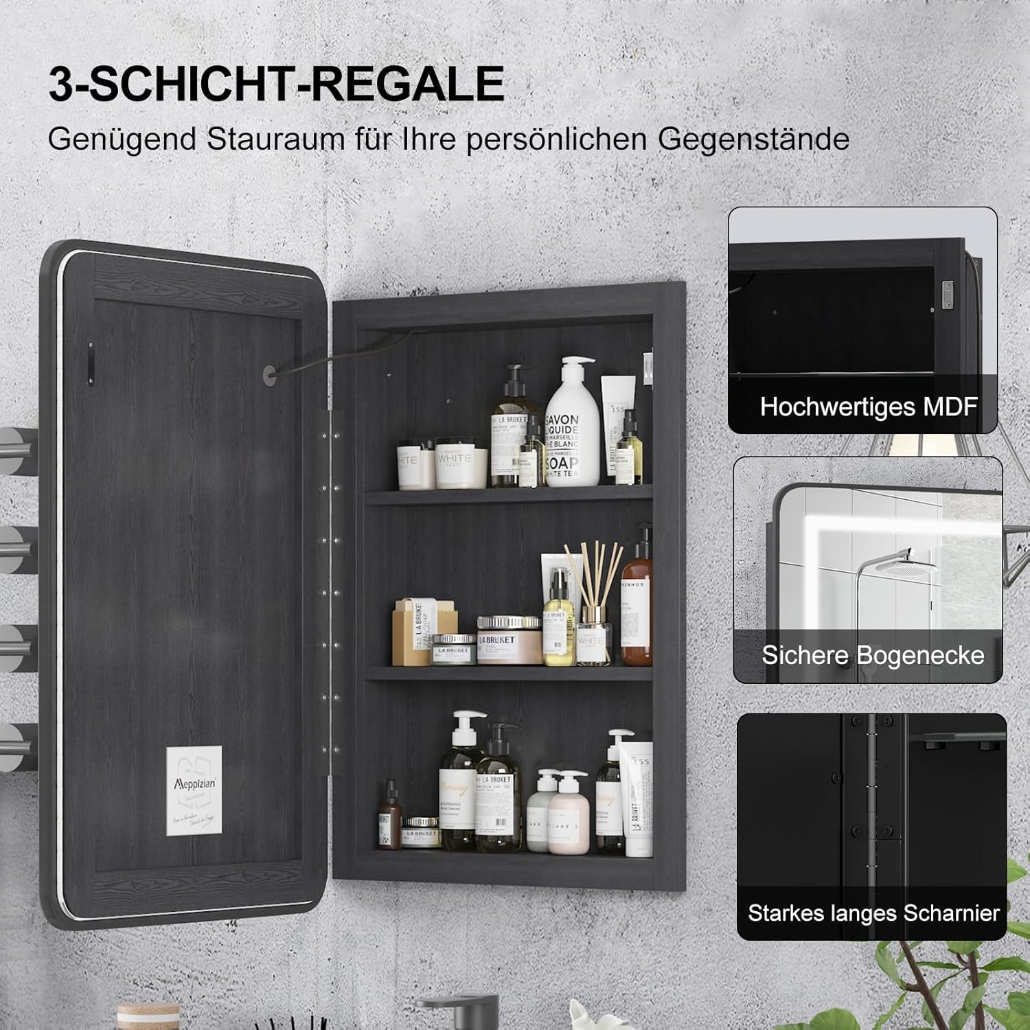 Spiegelschrank Bad mit Ambient-Stimmungsbeleuchtung, Badschrank Hängend mit Spiegel und Ablage, Badezimmer Spiegelschrank, Wandschrank, Stufenlos dimmbar, 51x76 cm Schwarz