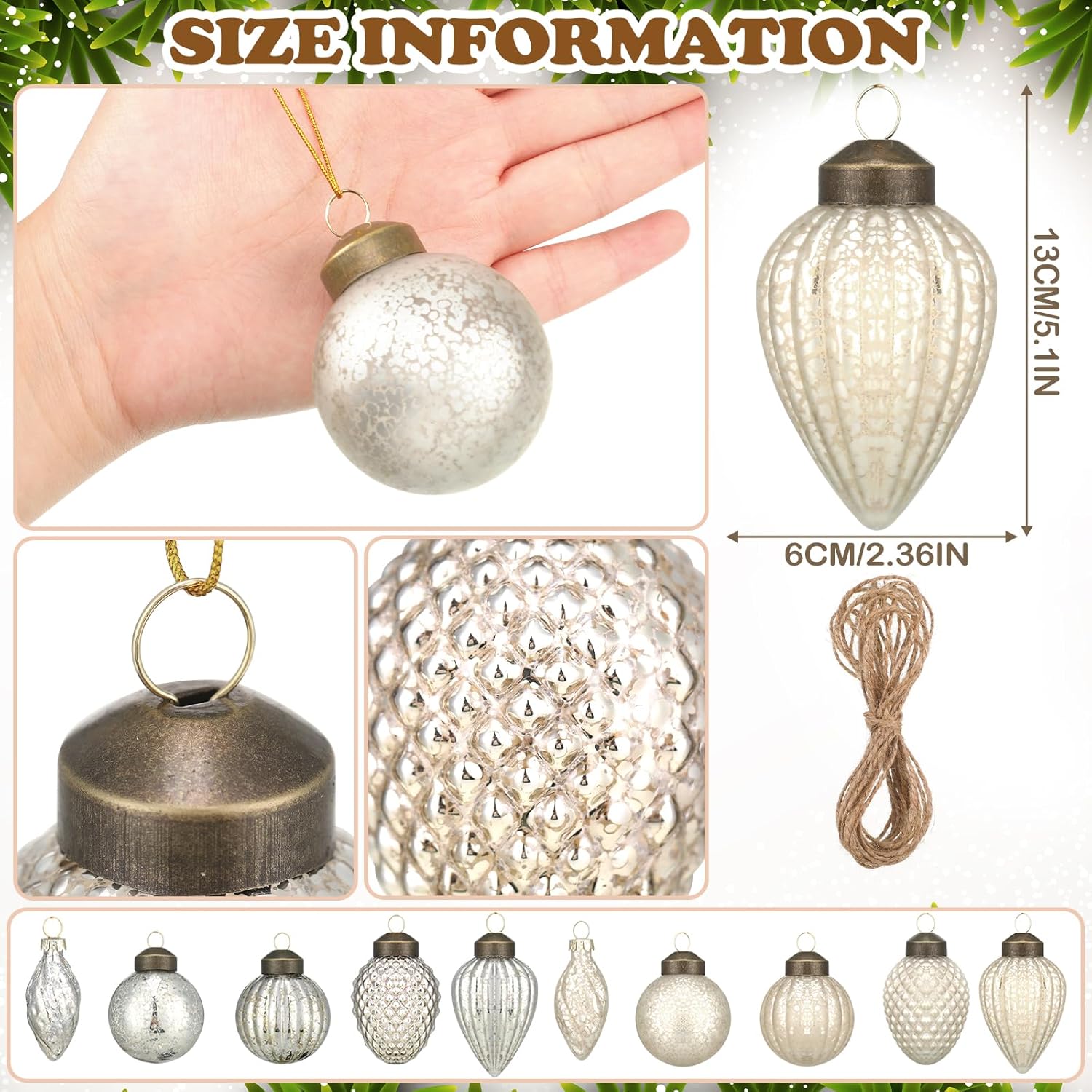 Sliner 30 Pcs Christmas Mercury Glass Ball Ornament Garlands with Fabric String Embossed Mercury Glass Ornament Xmas Vintage Bulb Garland for Home Wall Party Decoration(Silver)