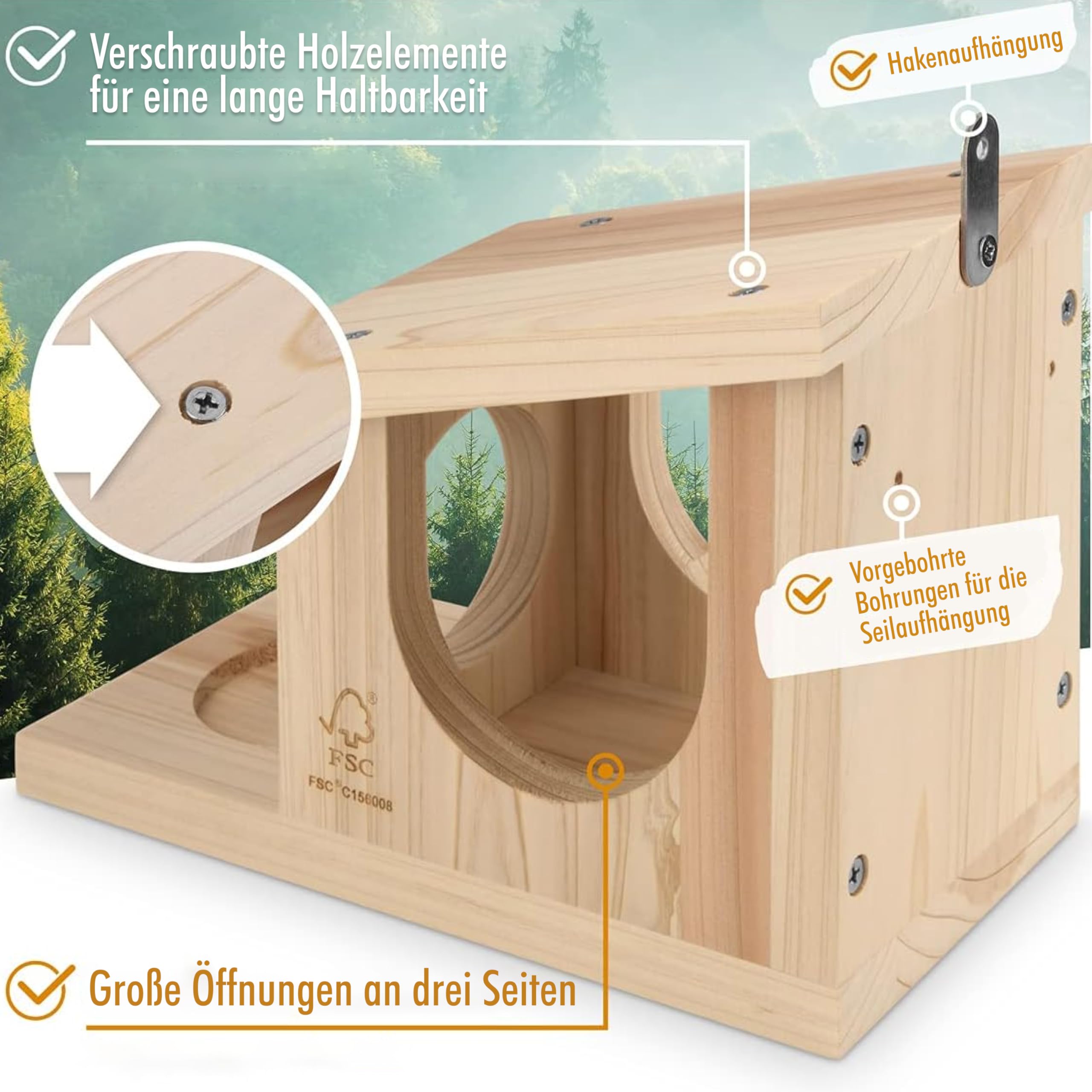 wildtier herz I Eichhörnchen Futterhaus Spielhaus wetterfest I Aus verschraubtem Massiv-Holz Futterstelle I 100% Wetterfest I Futterstation zum Eichhörnchen füttern, Futterhäuschen