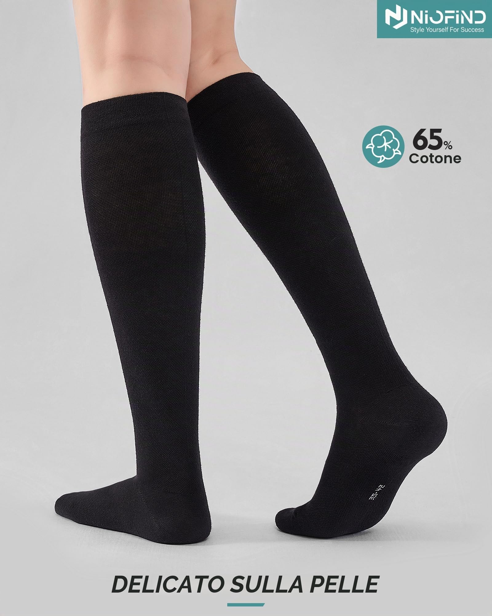 Niofind Calze a Compressione Graduata Donna e Uomo – 2 Paia di Calze al Ginocchio e Calze Elastiche – In Cotone 65% – Ideali per Sport, Lavoro, Viaggio e Gravidanza