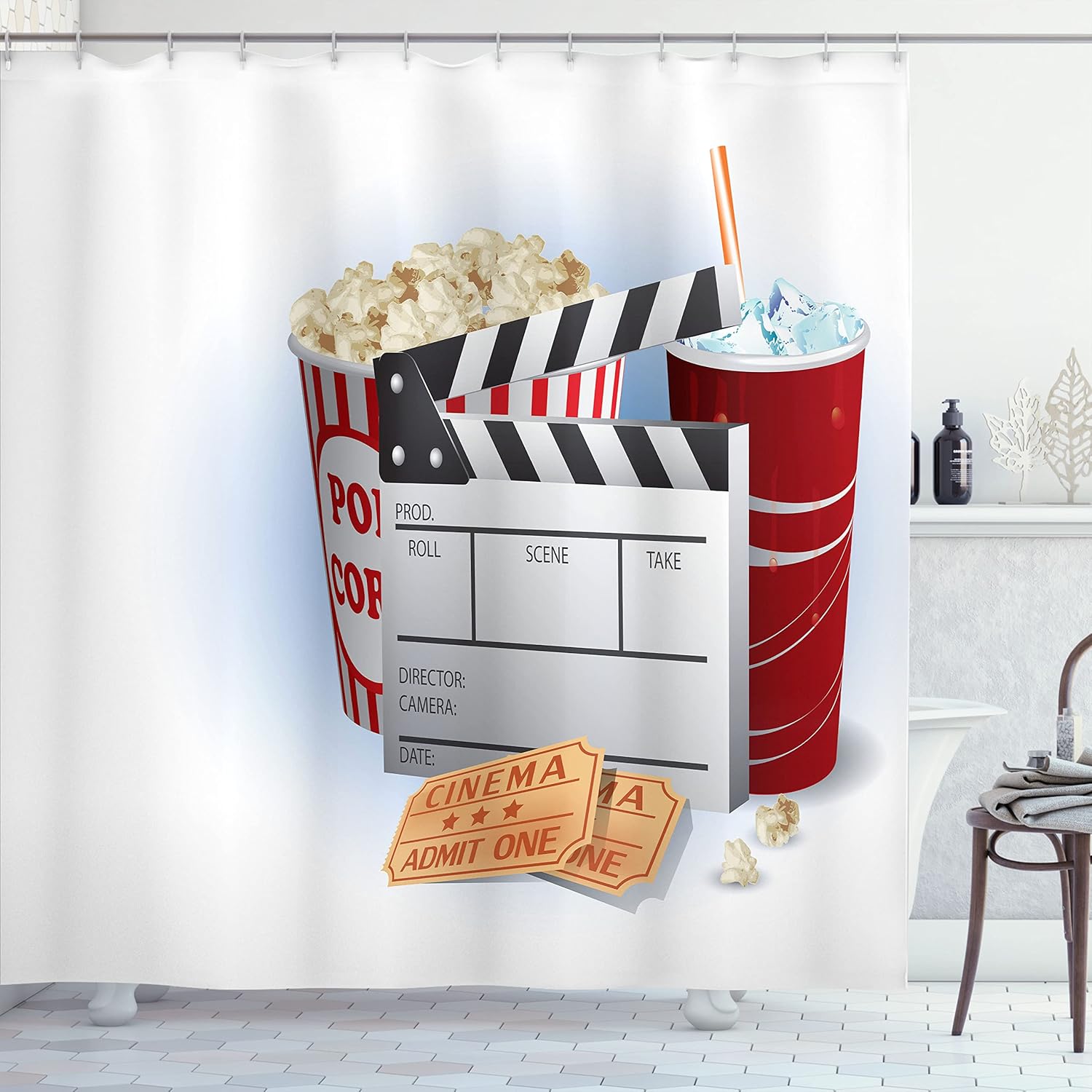 Ambesonne Movie Theater Shower Curtain, Soda Tickets Fresh Popcorn and Clapper Board Blockbuster Premiere Cinema, Cloth Fabric Bathroom Decor Set with Hooks, 69" W x 70" L, Pale Blue Ruby