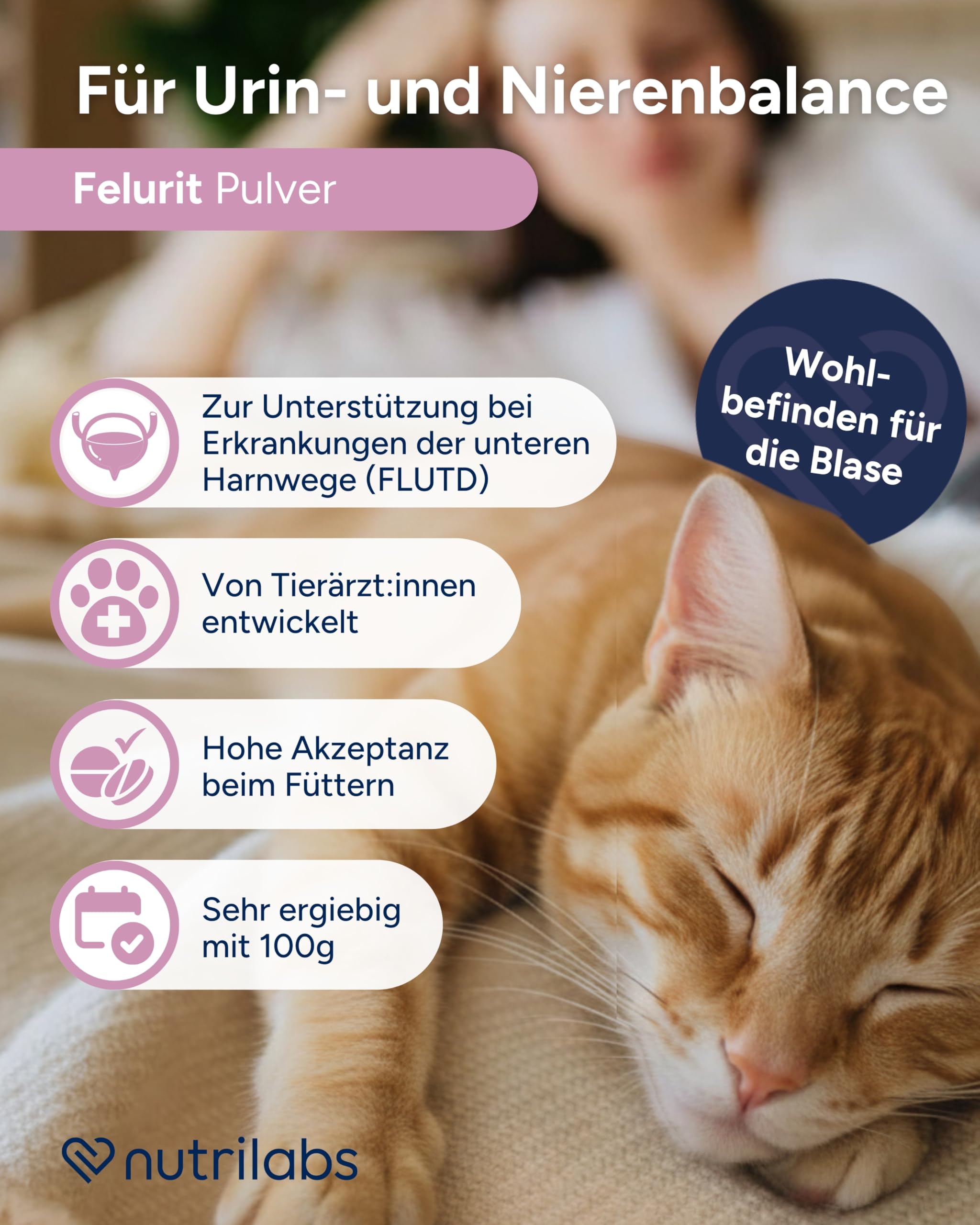 NutriLabs Felurit® Pulver 100 g - Katzen Nahrungsergänzung mit Glucosamin, D-Mannose, Cranberry-Konzentrat u.v.m. - wichtige Nährstoffe - Gesundheitsprodukte für Katzen