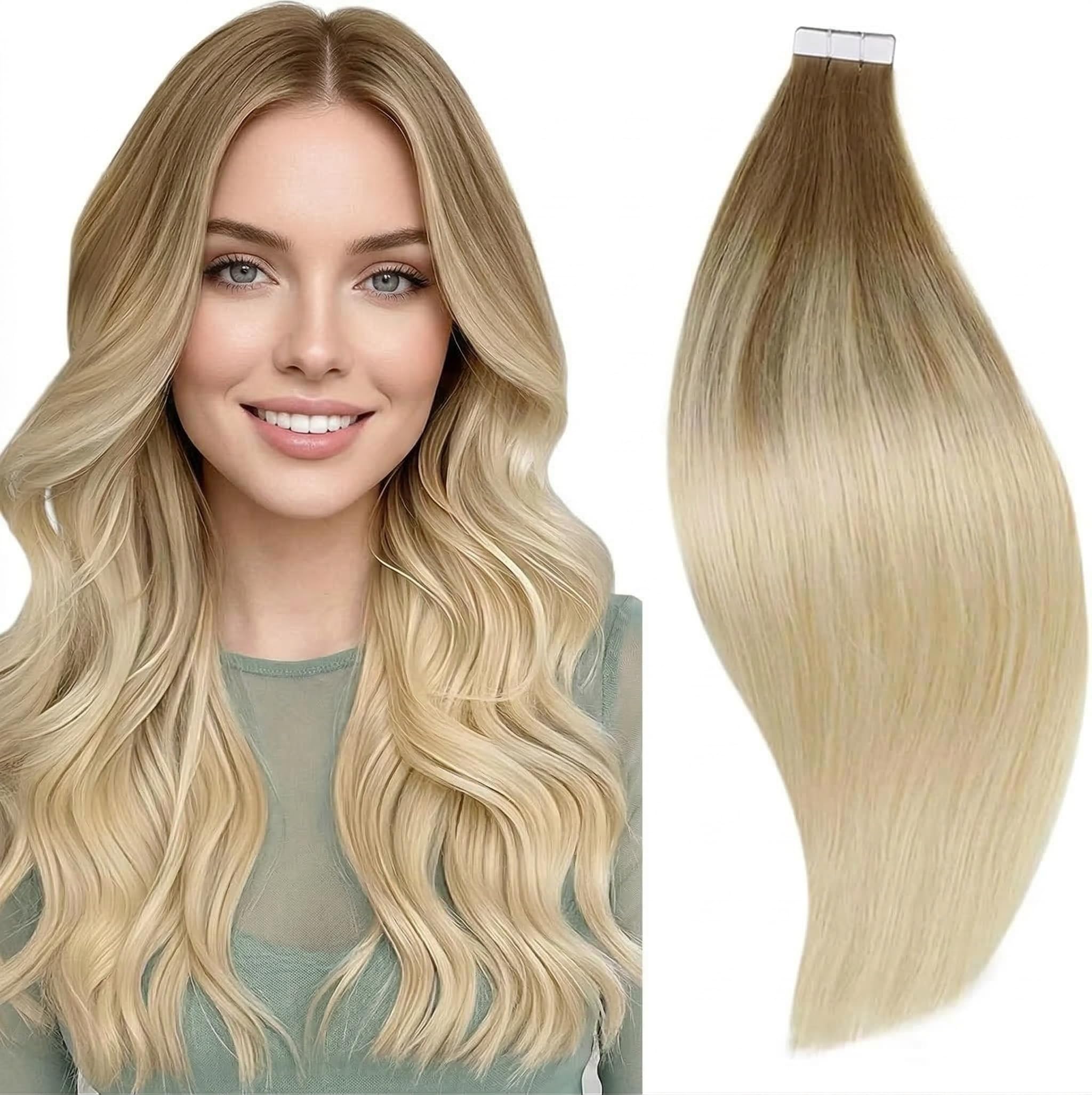 RUNATURE Blonde Tape Hair Extensions Real Human Hair Tape in Hair Extensions Human Hair Invisible Tapes Remy Straight White Blonde Hair 20pcs 50g 18 Inch #800 — view 21
