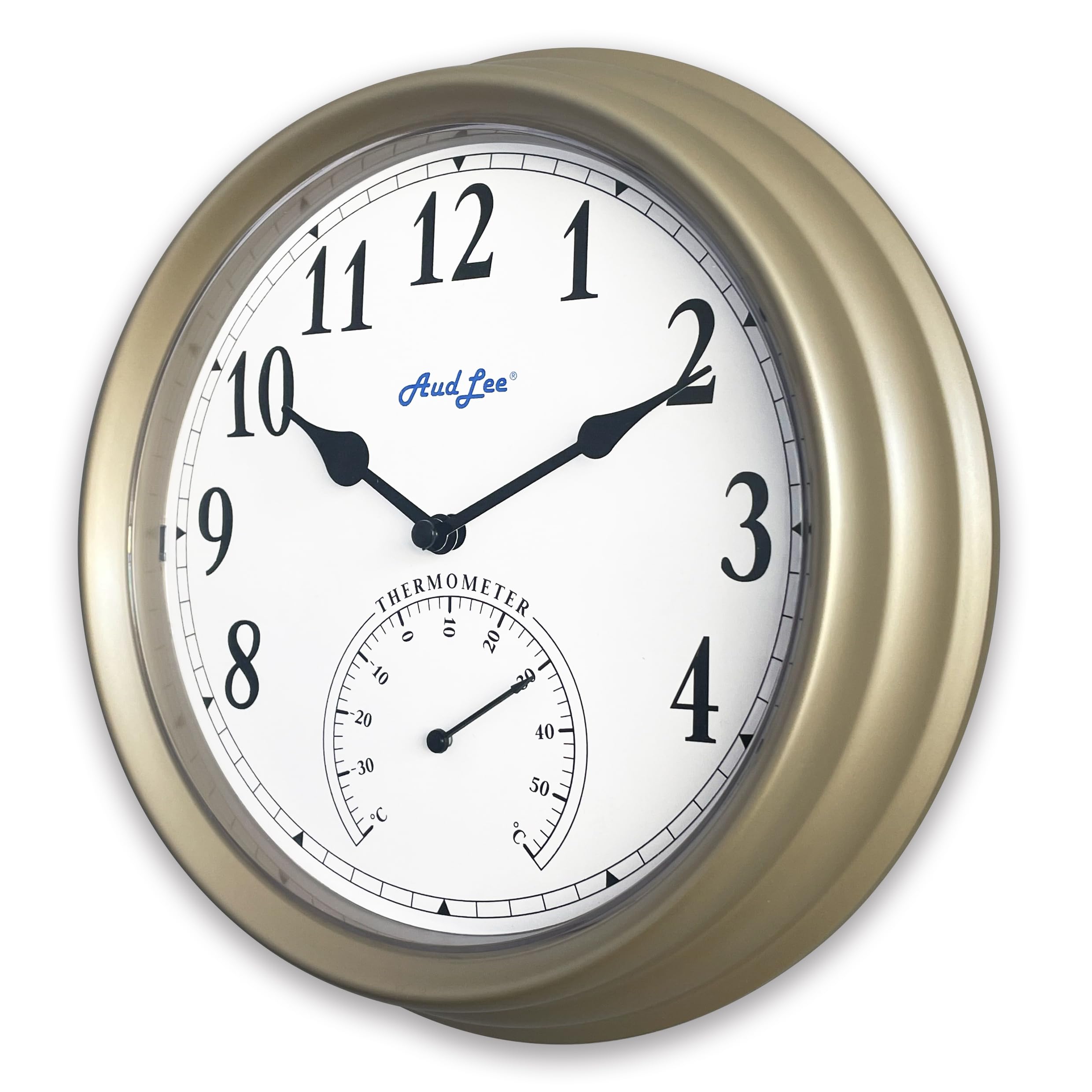 AudLee (NEW) 25cm Pololio Indoor Wall Clock with Thermometer. Battery Operated Round Clock. Decorative Clock For Home/office, Sweep Movement (Champagne Gold)