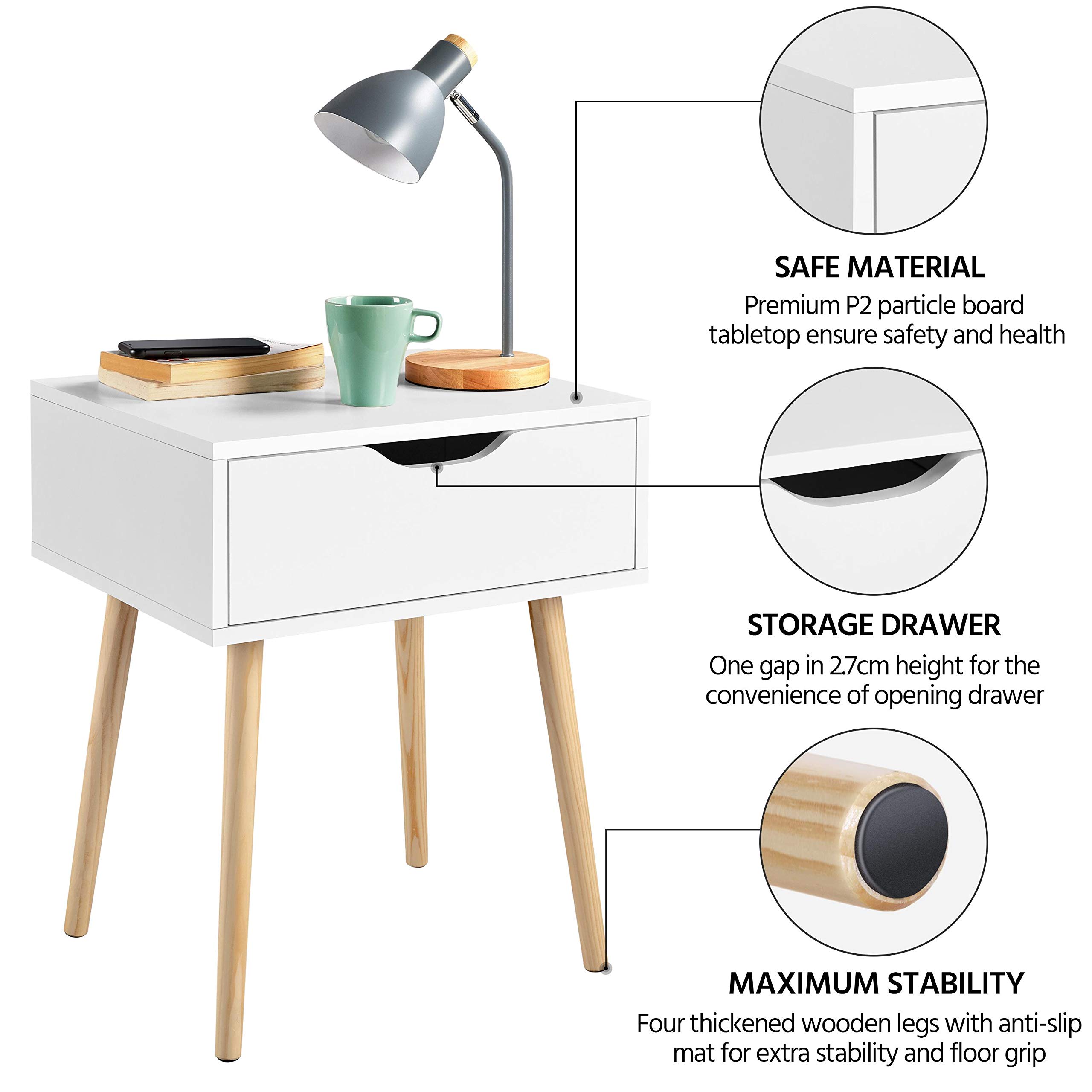Yaheetech 2 Piezas Mesillas de Noche Dormitorio Nordica Mesitas de Noche | con Pata Madera Maciza Mesa Auxiliar con Cajón 48,5x41x57,5cm para Dormitorio Sala de Estar Salón Blanca