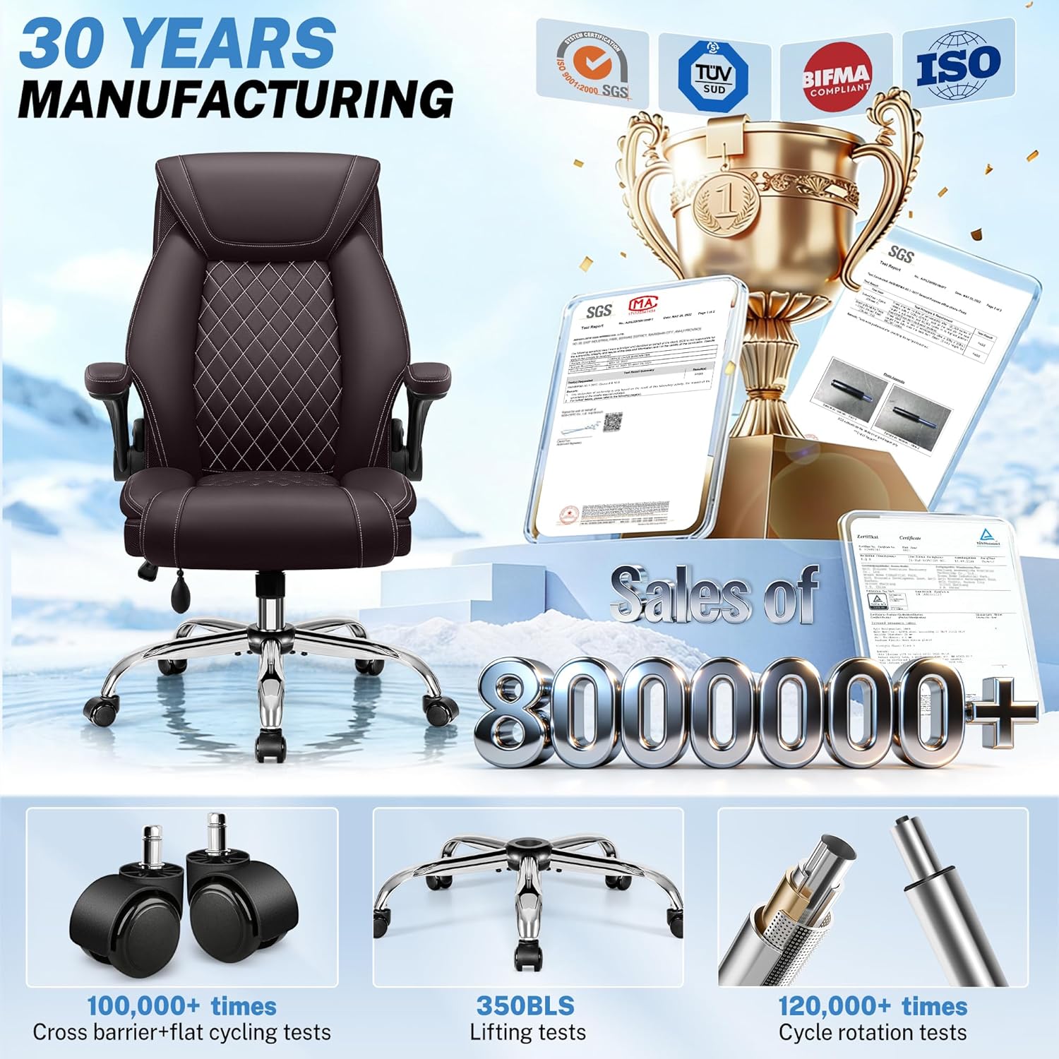 Office Chair, Big and Tall Ergonomic Desk Chair, Executive Leather Computer Chair with Adjustable Lumbar Support, Comfy Gaming Chair with Flip Up Arms, Swivel PC Chair with Rocking Function, Coffee