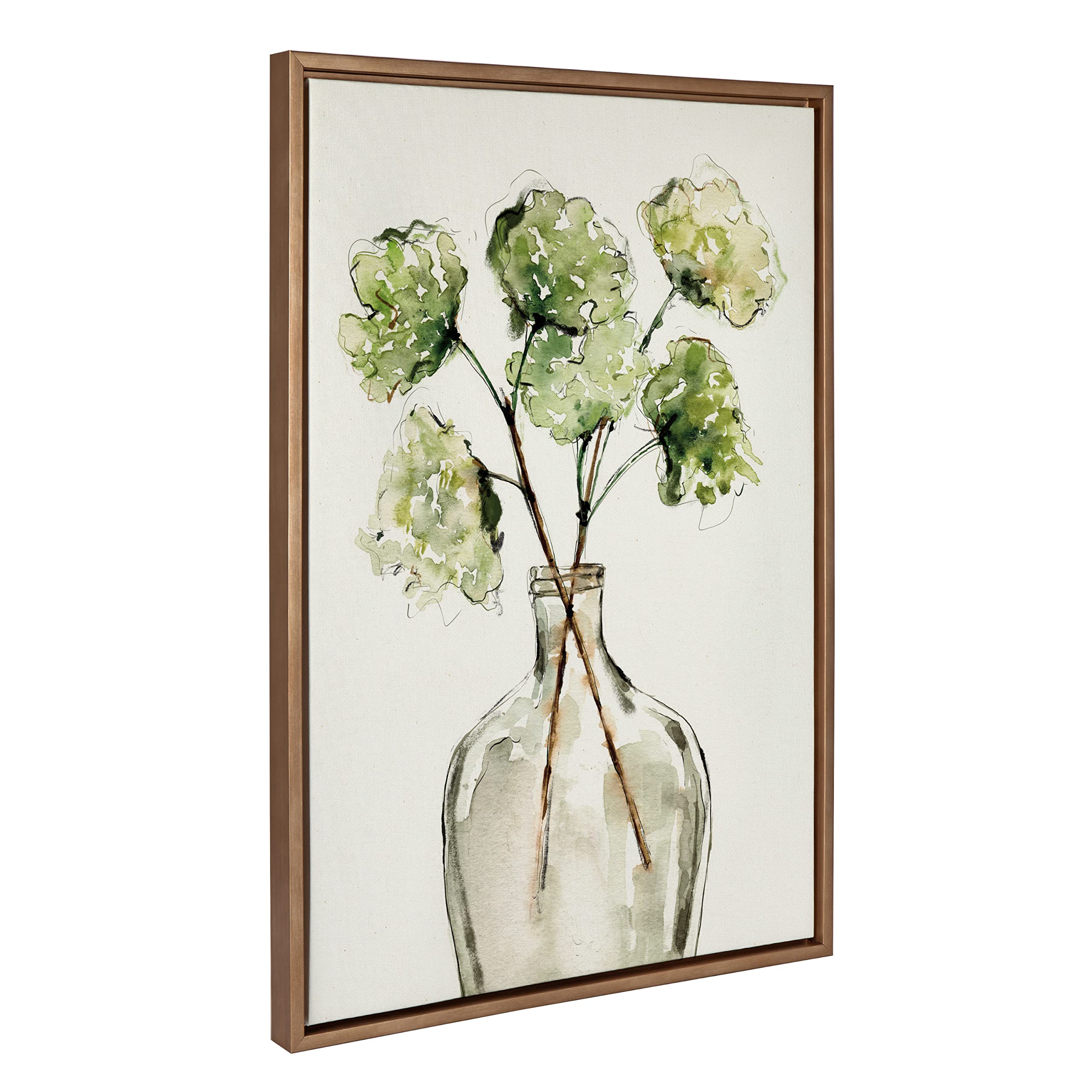 Kate and Laurel Sylvie Greenery Vase Framed Linen Textured Canvas Wall Art by Sara Berrenson, 23x33 Gold, Botanical Leaf Art for Wall